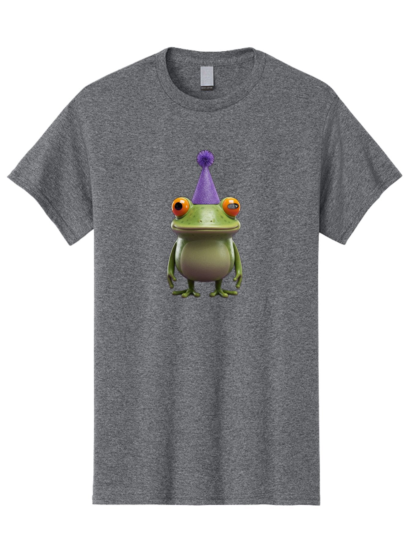 Frog-In-Party-Hat-1 Men'S Graphic Tee, 100% Cotton, Comfortable Casual Summer Wear, Machine Washable, Funny Cartoon Frog, Party Hat, Celebration, Purple Hat, Orange Eyes, Playful Character, Cute Amphibian, Festive Mood, Humorous Illustration Bab921 3