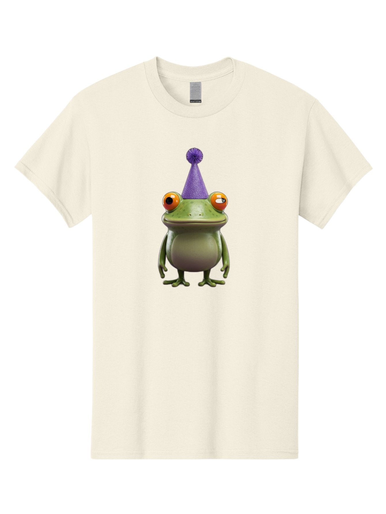 Frog-In-Party-Hat-1 Men'S Graphic Tee, 100% Cotton, Comfortable Casual Summer Wear, Machine Washable, Funny Cartoon Frog, Party Hat, Celebration, Purple Hat, Orange Eyes, Playful Character, Cute Amphibian, Festive Mood, Humorous Illustration Bab921