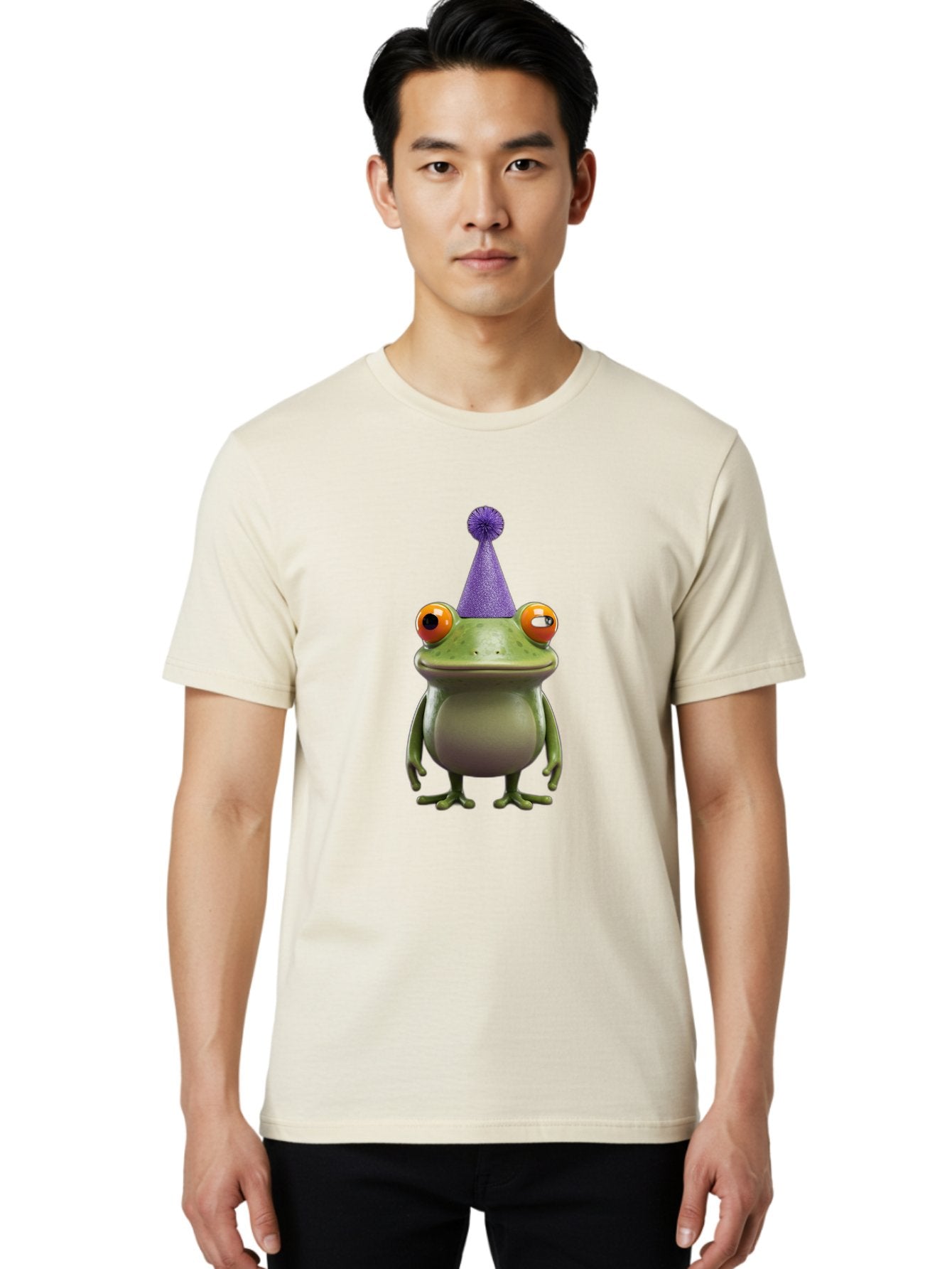 Frog-In-Party-Hat-1 Men'S Graphic Tee, 100% Cotton, Comfortable Casual Summer Wear, Machine Washable, Funny Cartoon Frog, Party Hat, Celebration, Purple Hat, Orange Eyes, Playful Character, Cute Amphibian, Festive Mood, Humorous Illustration Bab921 21