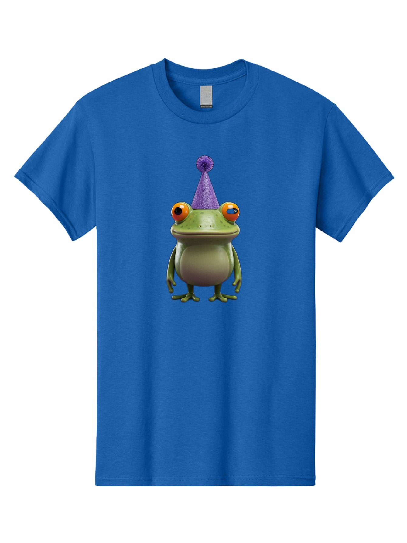 Frog-In-Party-Hat-1 Men'S Graphic Tee, 100% Cotton, Comfortable Casual Summer Wear, Machine Washable, Funny Cartoon Frog, Party Hat, Celebration, Purple Hat, Orange Eyes, Playful Character, Cute Amphibian, Festive Mood, Humorous Illustration Bab921