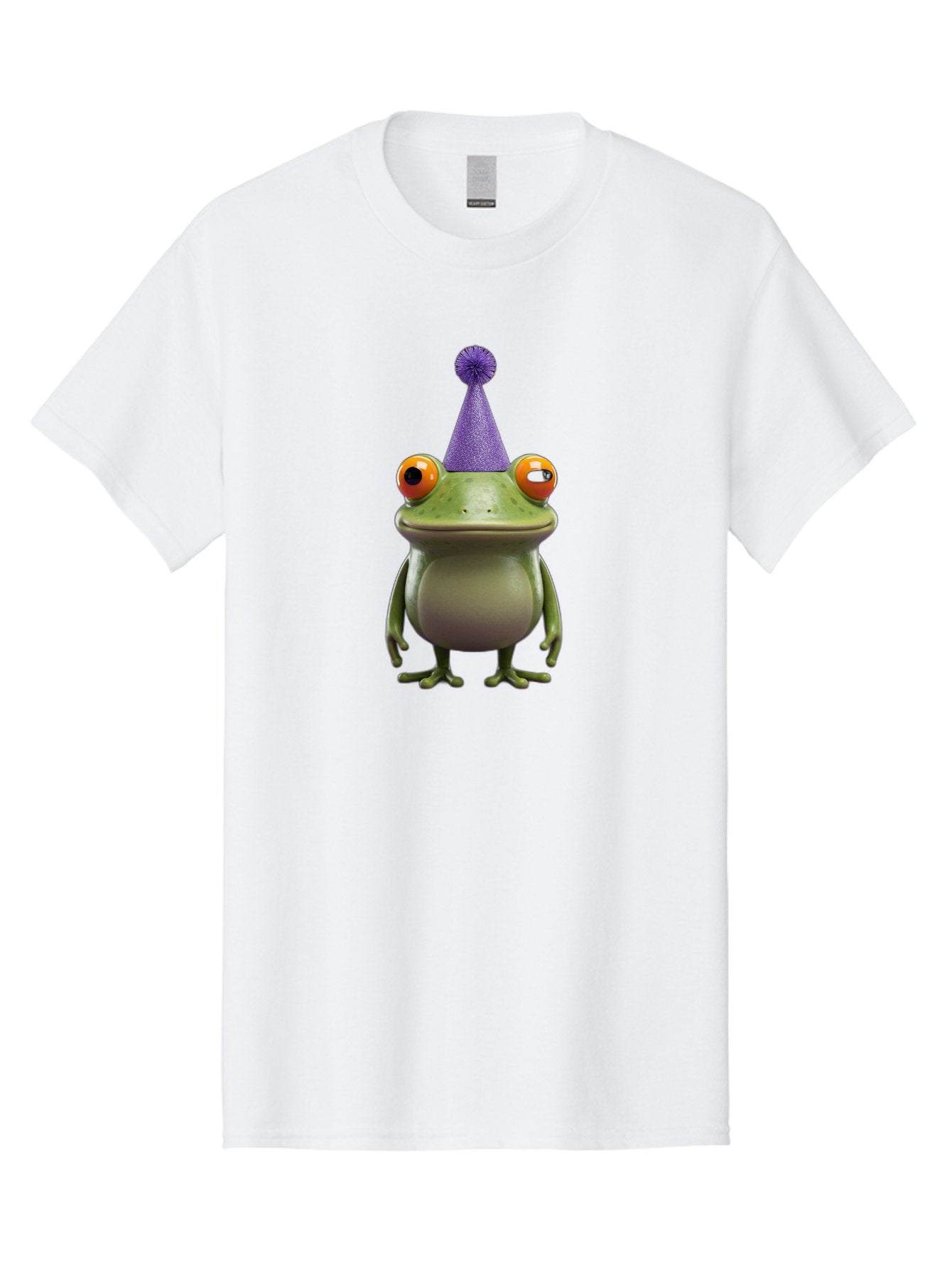 Frog-In-Party-Hat-1 Men'S Graphic Tee, 100% Cotton, Comfortable Casual Summer Wear, Machine Washable, Funny Cartoon Frog, Party Hat, Celebration, Purple Hat, Orange Eyes, Playful Character, Cute Amphibian, Festive Mood, Humorous Illustration Bab921 14