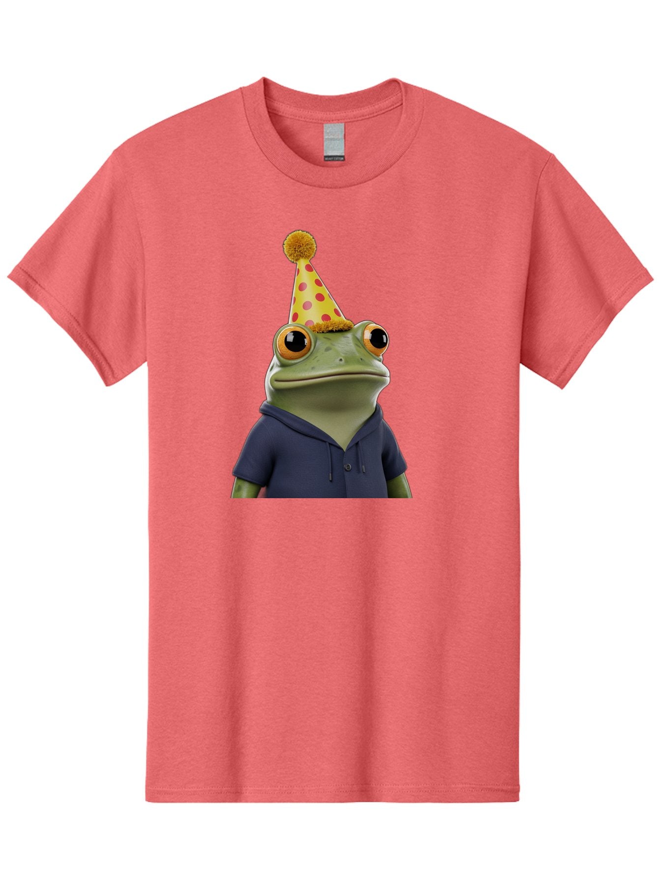 Frog-In-Party-Hat-2 Men'S Graphic Tee, 100% Cotton, Comfortable Casual Summer Wear, Machine Washable, Cartoon Frog, Party Hat, Red And Pink Polka Dots, Yellow Hat, Blue Hoodie, Casual Wear, Celebration, Festive Atmosphere, Funny Character, Bab922 12