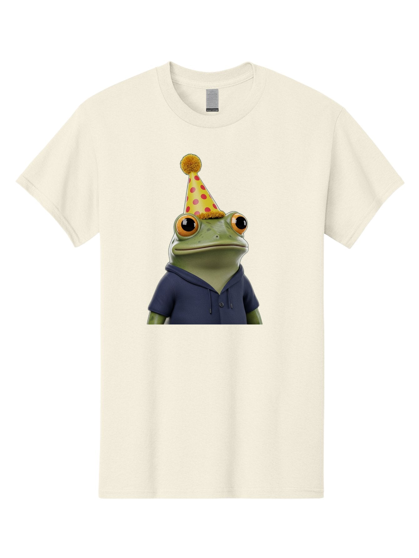 Frog-In-Party-Hat-2 Men'S Graphic Tee, 100% Cotton, Comfortable Casual Summer Wear, Machine Washable, Cartoon Frog, Party Hat, Red And Pink Polka Dots, Yellow Hat, Blue Hoodie, Casual Wear, Celebration, Festive Atmosphere, Funny Character, Bab922 15