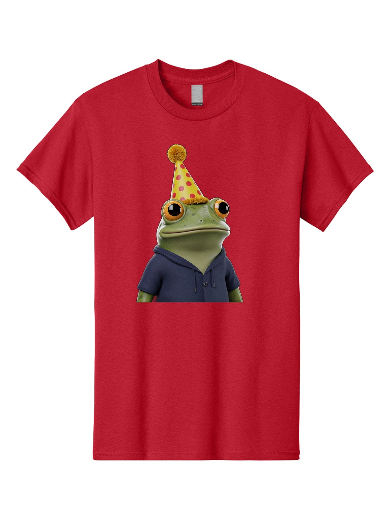 Frog-In-Party-Hat-2 Men'S Graphic Tee, 100% Cotton, Comfortable Casual Summer Wear, Machine Washable, Cartoon Frog, Party Hat, Red And Pink Polka Dots, Yellow Hat, Blue Hoodie, Casual Wear, Celebration, Festive Atmosphere, Funny Character, Bab922 4