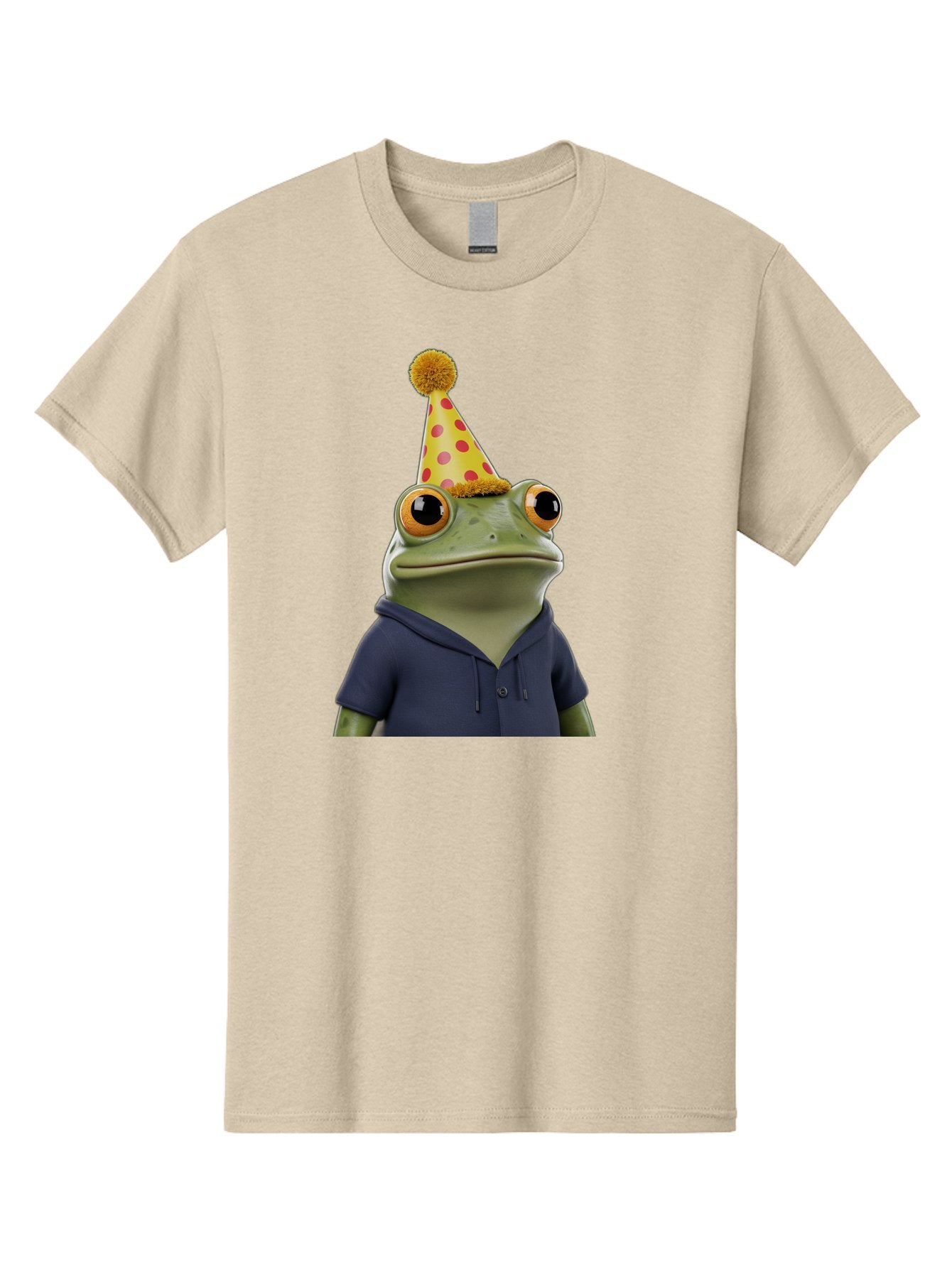Frog-In-Party-Hat-2 Men'S Graphic Tee, 100% Cotton, Comfortable Casual Summer Wear, Machine Washable, Cartoon Frog, Party Hat, Red And Pink Polka Dots, Yellow Hat, Blue Hoodie, Casual Wear, Celebration, Festive Atmosphere, Funny Character, Bab922 7