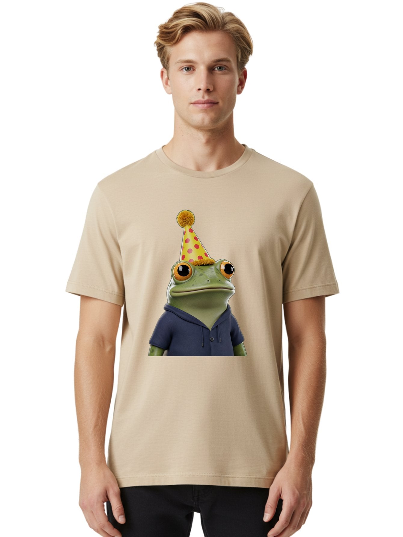 Frog-In-Party-Hat-2 Men'S Graphic Tee, 100% Cotton, Comfortable Casual Summer Wear, Machine Washable, Cartoon Frog, Party Hat, Red And Pink Polka Dots, Yellow Hat, Blue Hoodie, Casual Wear, Celebration, Festive Atmosphere, Funny Character, Bab922 16