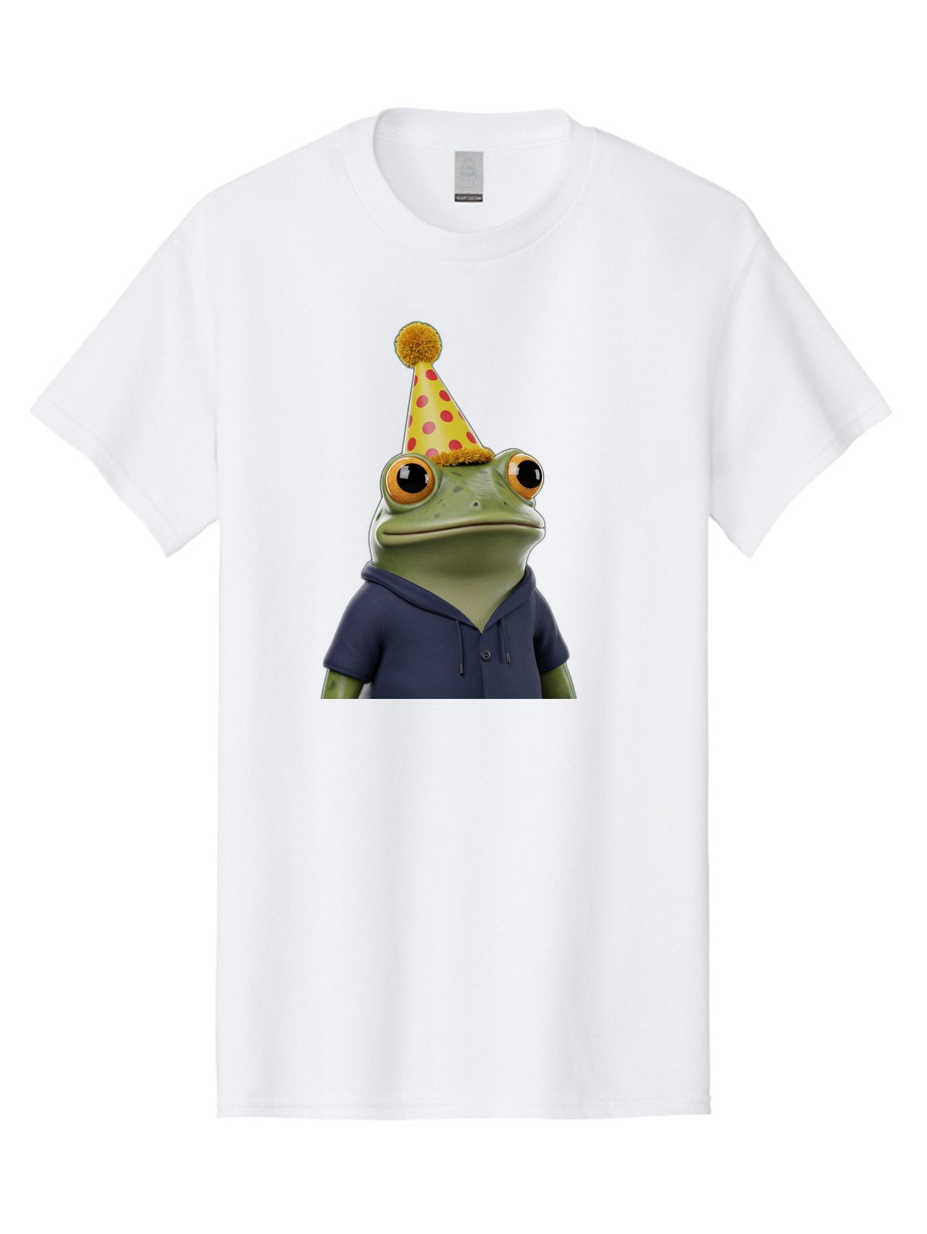 Frog-In-Party-Hat-2 Men'S Graphic Tee, 100% Cotton, Comfortable Casual Summer Wear, Machine Washable, Cartoon Frog, Party Hat, Red And Pink Polka Dots, Yellow Hat, Blue Hoodie, Casual Wear, Celebration, Festive Atmosphere, Funny Character, Bab922 10