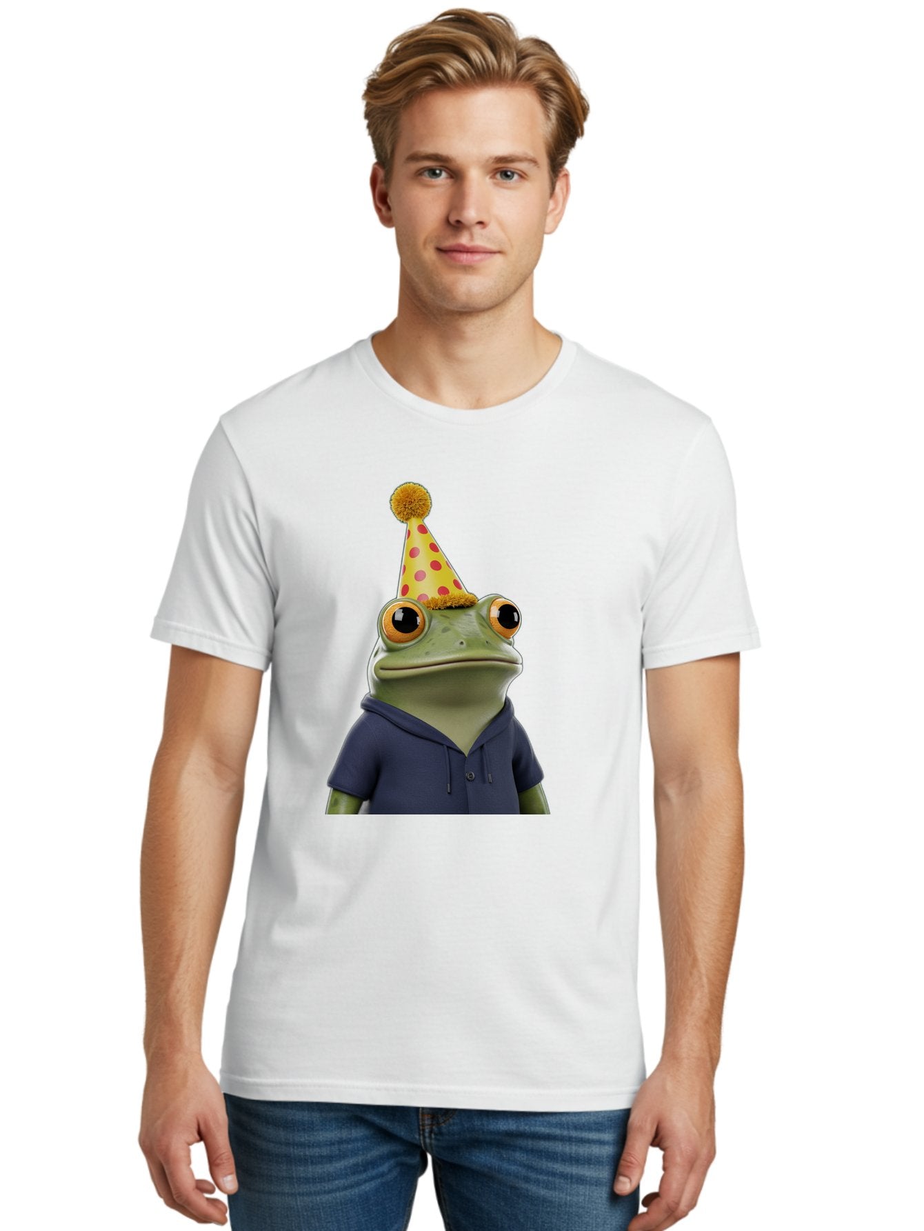 Frog-In-Party-Hat-2 Men'S Graphic Tee, 100% Cotton, Comfortable Casual Summer Wear, Machine Washable, Cartoon Frog, Party Hat, Red And Pink Polka Dots, Yellow Hat, Blue Hoodie, Casual Wear, Celebration, Festive Atmosphere, Funny Character, Bab922 17