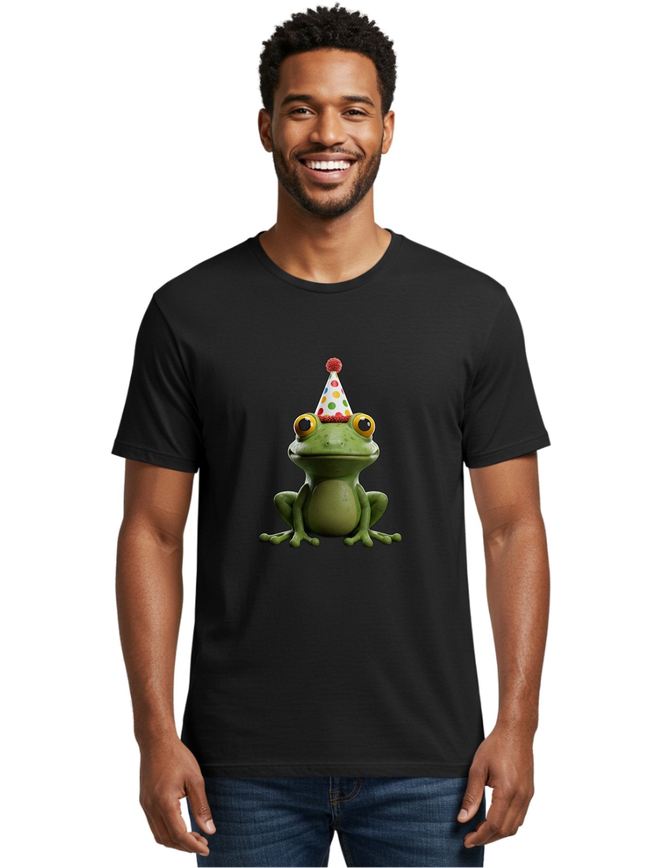 Frog-In-Party-Hat Men'S Graphic Tee, 100% Cotton, Comfortable Casual Summer Wear, Machine Washable, Funny Frog, Party Hat, Celebration, Colorful Eyes, Festive Atmosphere, Cute Amphibian, Playful Vibe, Joyful Moments, Cartoon Character, Bab924 24