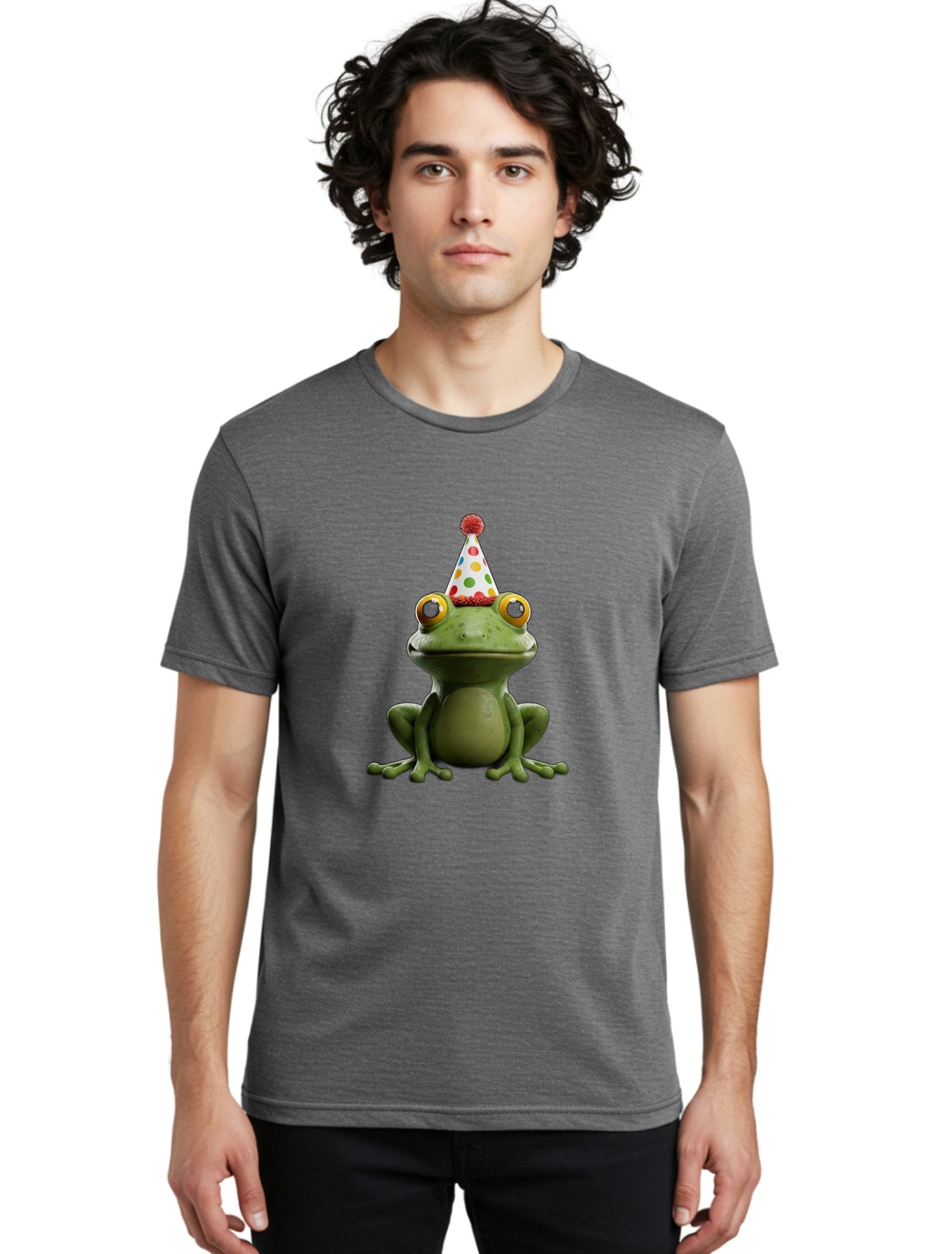 Frog-In-Party-Hat Men'S Graphic Tee, 100% Cotton, Comfortable Casual Summer Wear, Machine Washable, Funny Frog, Party Hat, Celebration, Colorful Eyes, Festive Atmosphere, Cute Amphibian, Playful Vibe, Joyful Moments, Cartoon Character, Bab924 17
