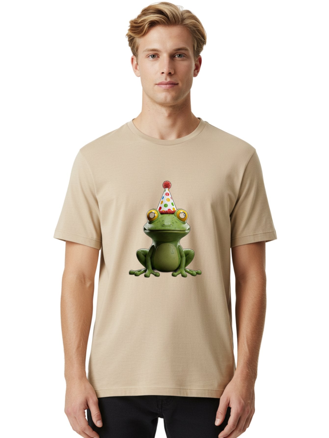 Frog-In-Party-Hat Men'S Graphic Tee, 100% Cotton, Comfortable Casual Summer Wear, Machine Washable, Funny Frog, Party Hat, Celebration, Colorful Eyes, Festive Atmosphere, Cute Amphibian, Playful Vibe, Joyful Moments, Cartoon Character, Bab924 28