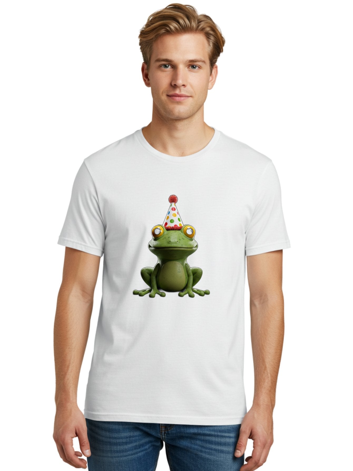 Frog-In-Party-Hat Men'S Graphic Tee, 100% Cotton, Comfortable Casual Summer Wear, Machine Washable, Funny Frog, Party Hat, Celebration, Colorful Eyes, Festive Atmosphere, Cute Amphibian, Playful Vibe, Joyful Moments, Cartoon Character, Bab924 20
