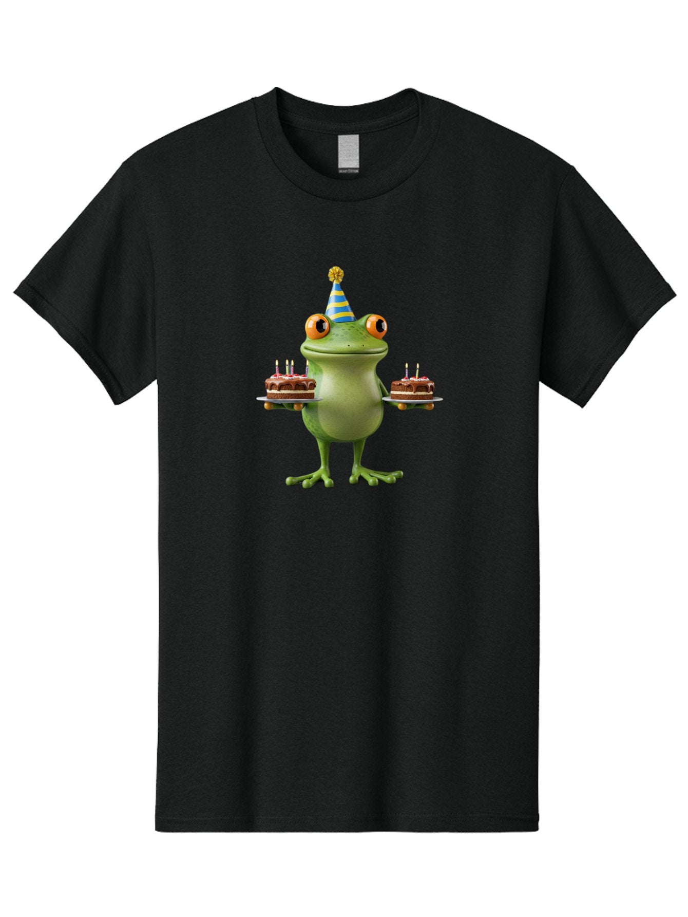 Frog-With-Birthday-Cakes Men'S Graphic Tee, 100% Cotton, Comfortable Casual Summer Wear, Machine Washable, Cartoon Frog, Birthday Celebration, Party Hat, Chocolate Cakes, Lit Candles, Festive Atmosphere, Funny Character, Cartoonish Eyes Bab927 13