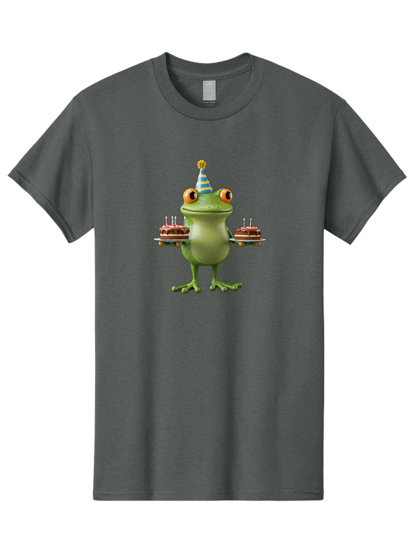 Frog-With-Birthday-Cakes Men'S Graphic Tee, 100% Cotton, Comfortable Casual Summer Wear, Machine Washable, Cartoon Frog, Birthday Celebration, Party Hat, Chocolate Cakes, Lit Candles, Festive Atmosphere, Funny Character, Cartoonish Eyes Bab927 10