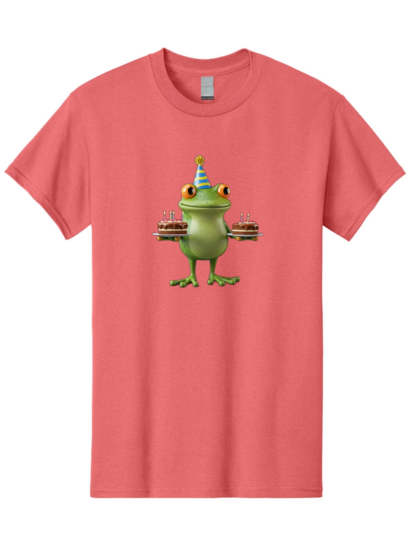 Frog-With-Birthday-Cakes Men'S Graphic Tee, 100% Cotton, Comfortable Casual Summer Wear, Machine Washable, Cartoon Frog, Birthday Celebration, Party Hat, Chocolate Cakes, Lit Candles, Festive Atmosphere, Funny Character, Cartoonish Eyes Bab927 3