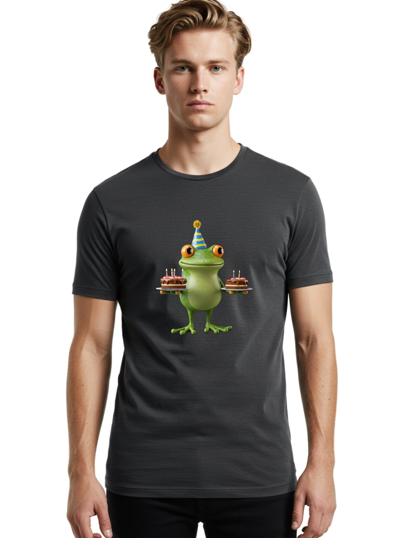 Frog-With-Birthday-Cakes Men'S Graphic Tee, 100% Cotton, Comfortable Casual Summer Wear, Machine Washable, Cartoon Frog, Birthday Celebration, Party Hat, Chocolate Cakes, Lit Candles, Festive Atmosphere, Funny Character, Cartoonish Eyes Bab927 28