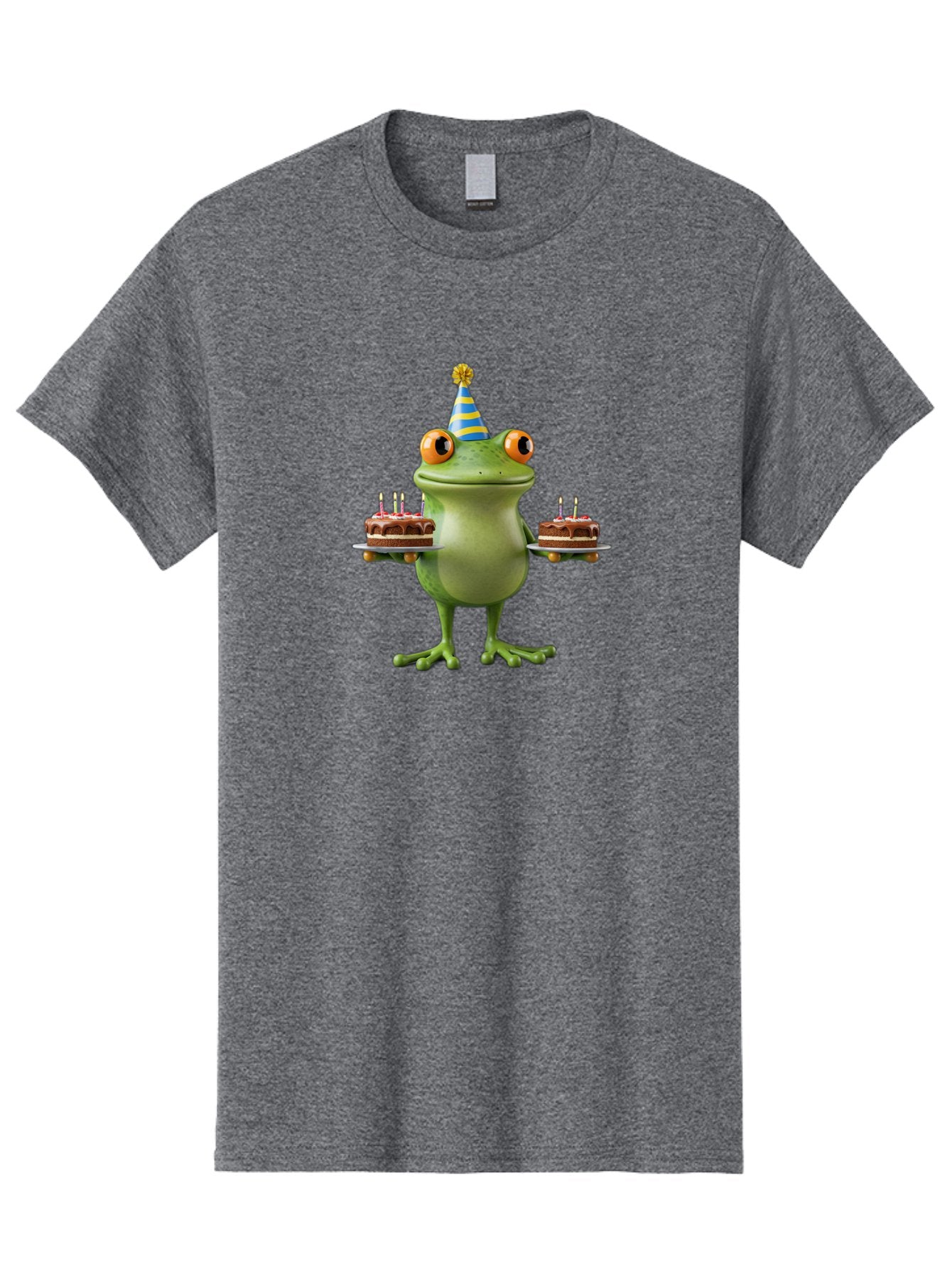 Frog-With-Birthday-Cakes Men'S Graphic Tee, 100% Cotton, Comfortable Casual Summer Wear, Machine Washable, Cartoon Frog, Birthday Celebration, Party Hat, Chocolate Cakes, Lit Candles, Festive Atmosphere, Funny Character, Cartoonish Eyes Bab927 4