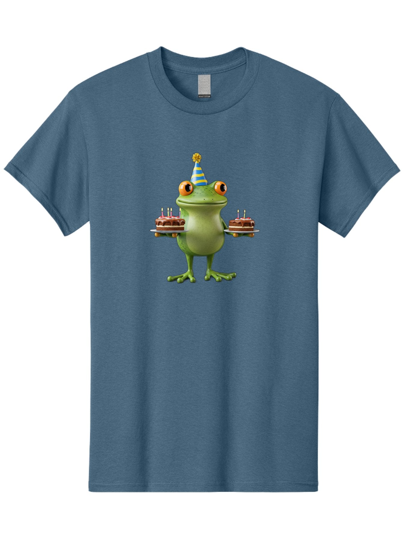 Frog-With-Birthday-Cakes Men'S Graphic Tee, 100% Cotton, Comfortable Casual Summer Wear, Machine Washable, Cartoon Frog, Birthday Celebration, Party Hat, Chocolate Cakes, Lit Candles, Festive Atmosphere, Funny Character, Cartoonish Eyes Bab927 7