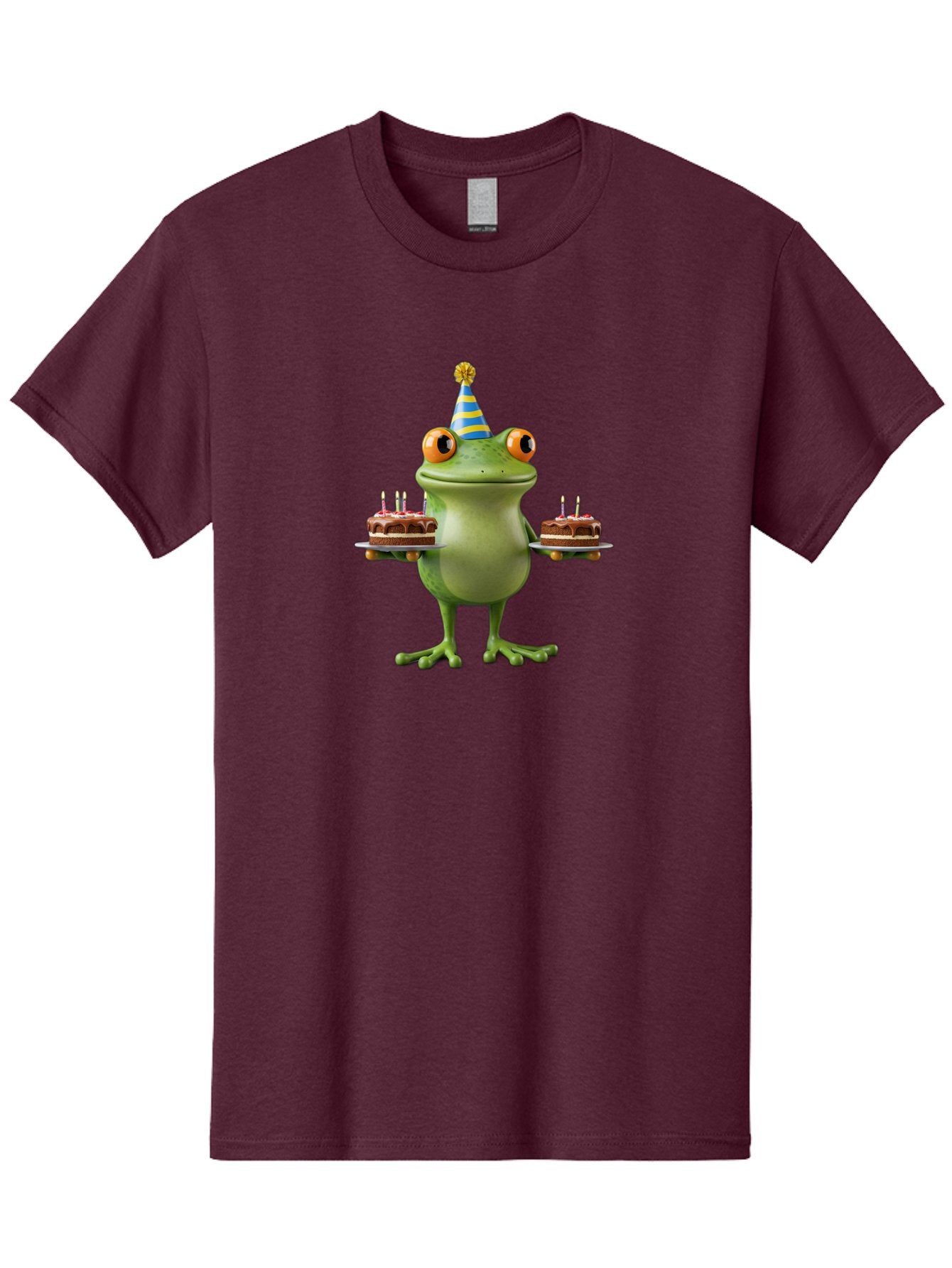 Frog-With-Birthday-Cakes Men'S Graphic Tee, 100% Cotton, Comfortable Casual Summer Wear, Machine Washable, Cartoon Frog, Birthday Celebration, Party Hat, Chocolate Cakes, Lit Candles, Festive Atmosphere, Funny Character, Cartoonish Eyes Bab927 8