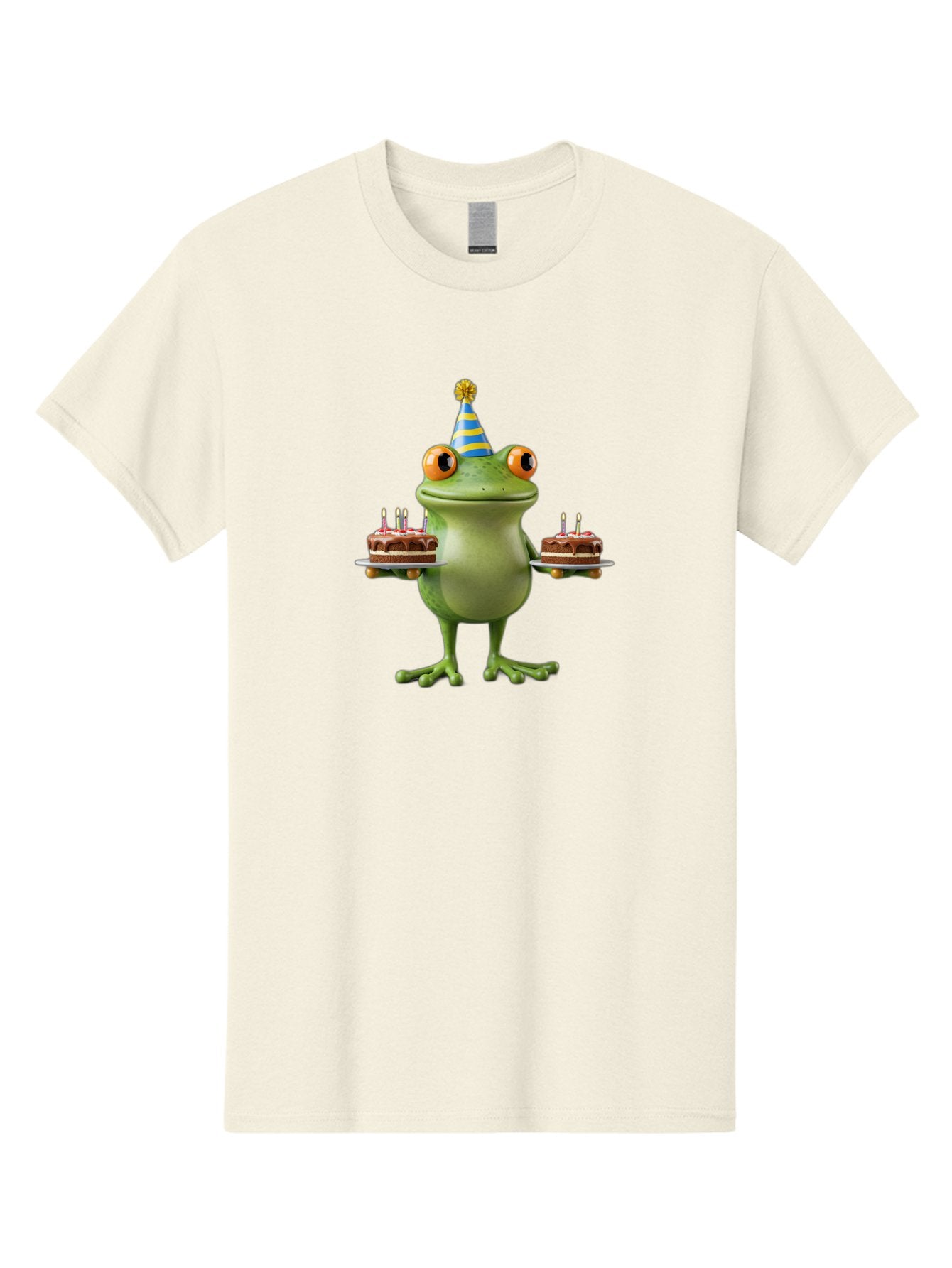 Frog-With-Birthday-Cakes Men'S Graphic Tee, 100% Cotton, Comfortable Casual Summer Wear, Machine Washable, Cartoon Frog, Birthday Celebration, Party Hat, Chocolate Cakes, Lit Candles, Festive Atmosphere, Funny Character, Cartoonish Eyes Bab927 14