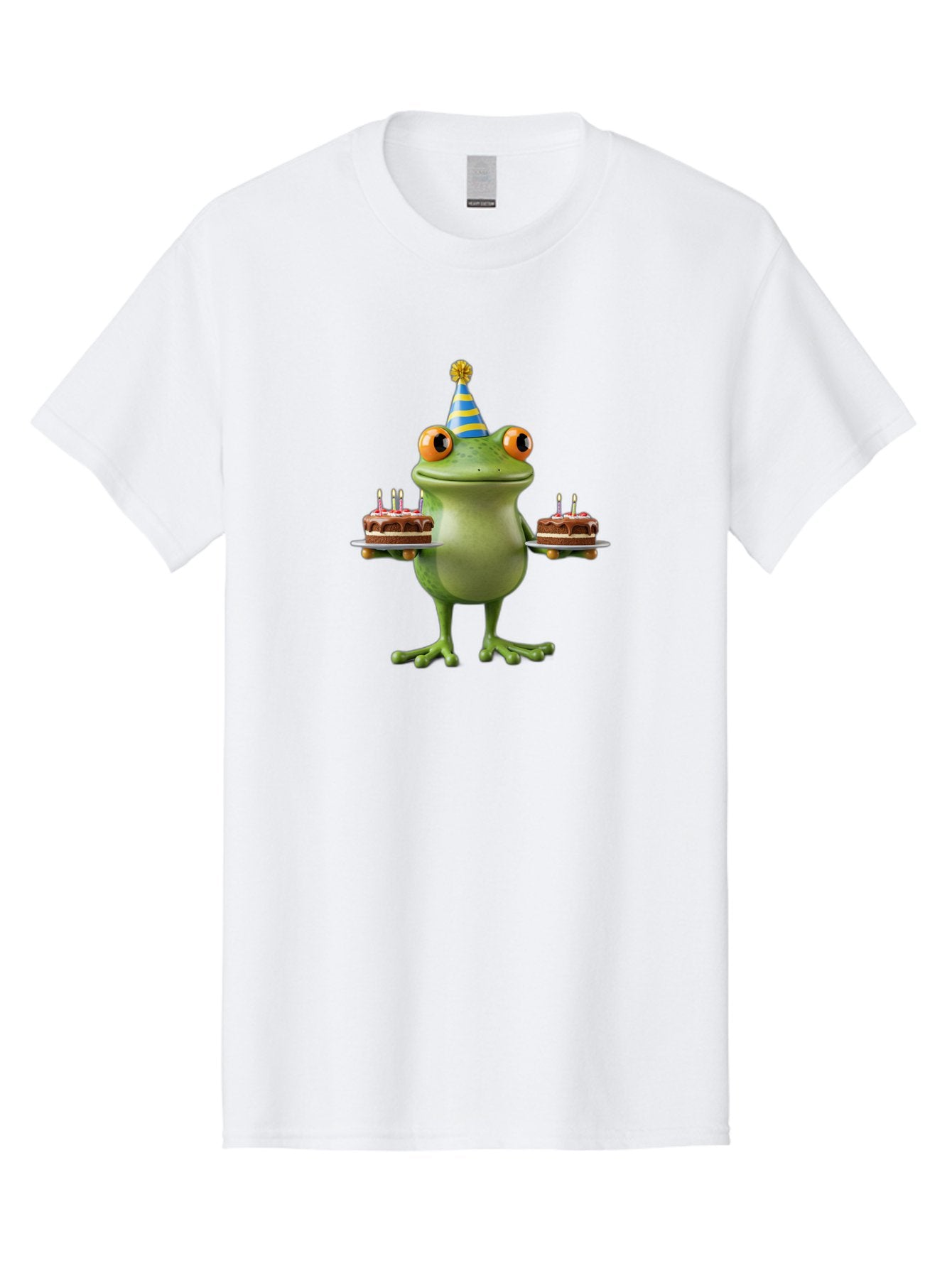 Frog-With-Birthday-Cakes Men'S Graphic Tee, 100% Cotton, Comfortable Casual Summer Wear, Machine Washable, Cartoon Frog, Birthday Celebration, Party Hat, Chocolate Cakes, Lit Candles, Festive Atmosphere, Funny Character, Cartoonish Eyes Bab927 6