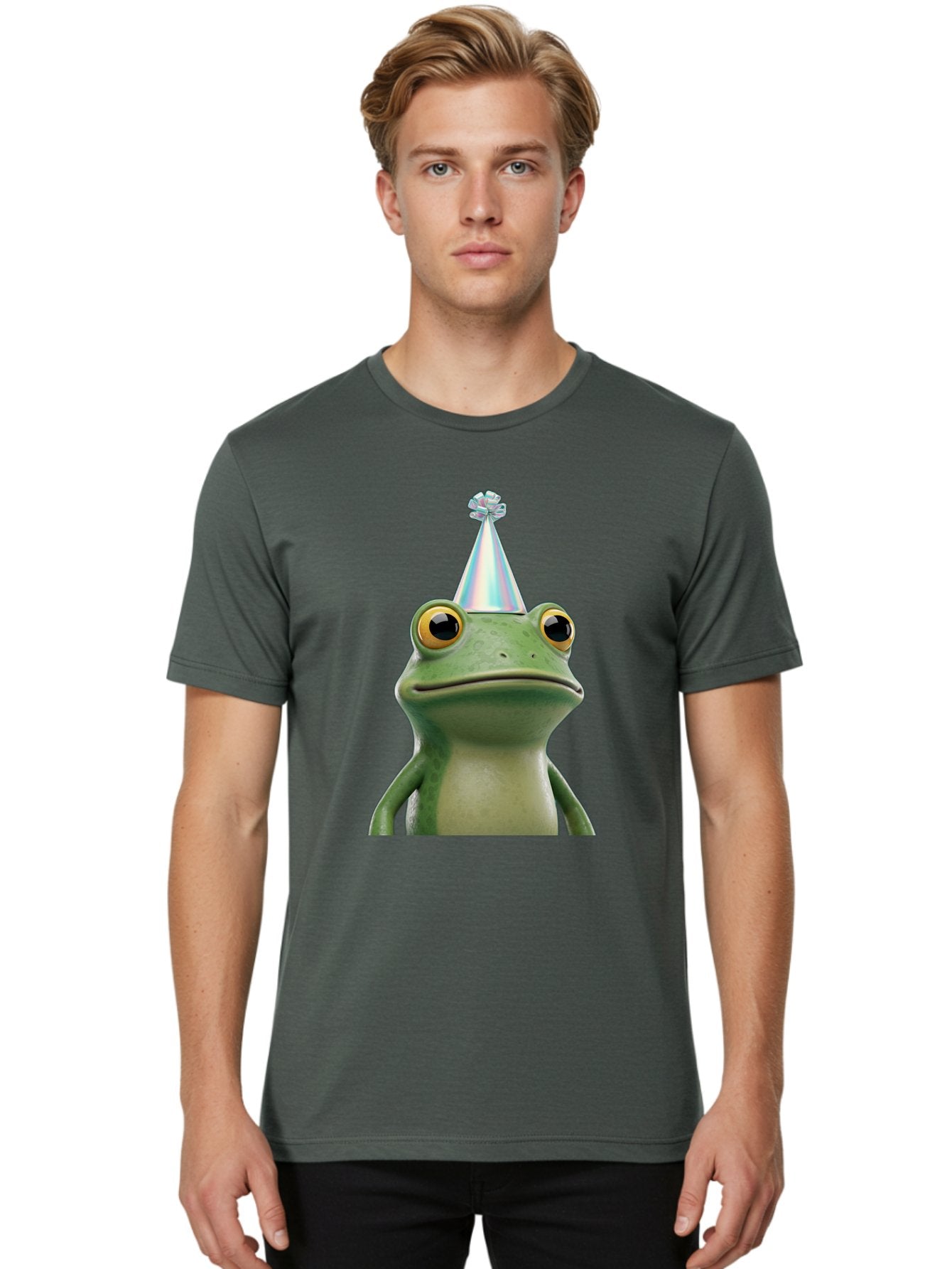 Frog-With-Party-Hat-2 Men'S Graphic Tee, 100% Cotton, Comfortable Casual Summer Wear, Machine Washable, 3D Cartoon Frog, Party Hat, Celebration, Festive Atmosphere, Funny Animal, Party Accessories, Shiny Hat, Comical Expression, Bab930 17