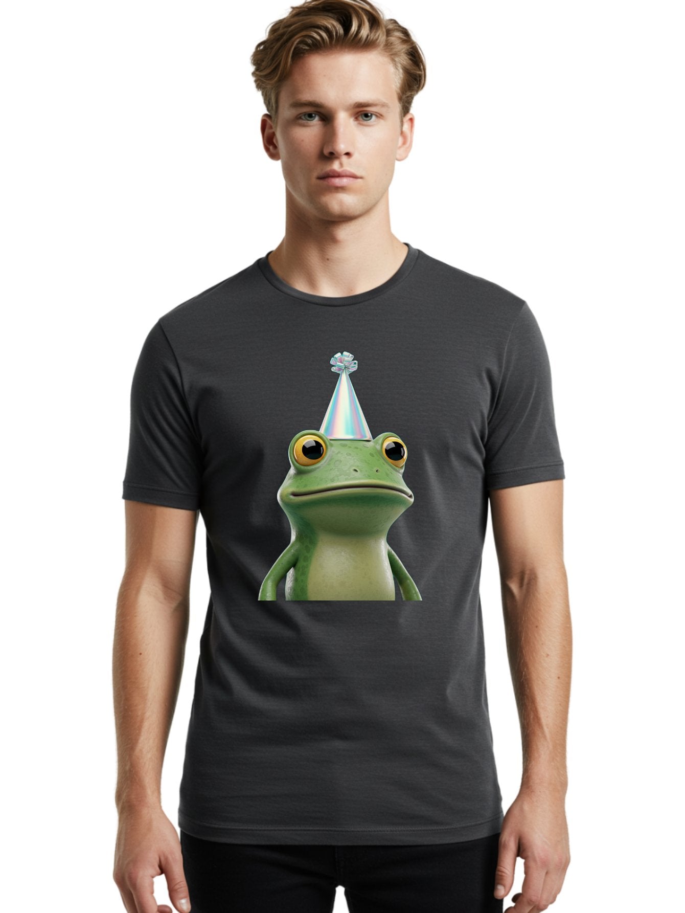 Frog-With-Party-Hat-2 Men'S Graphic Tee, 100% Cotton, Comfortable Casual Summer Wear, Machine Washable, 3D Cartoon Frog, Party Hat, Celebration, Festive Atmosphere, Funny Animal, Party Accessories, Shiny Hat, Comical Expression, Bab930 29