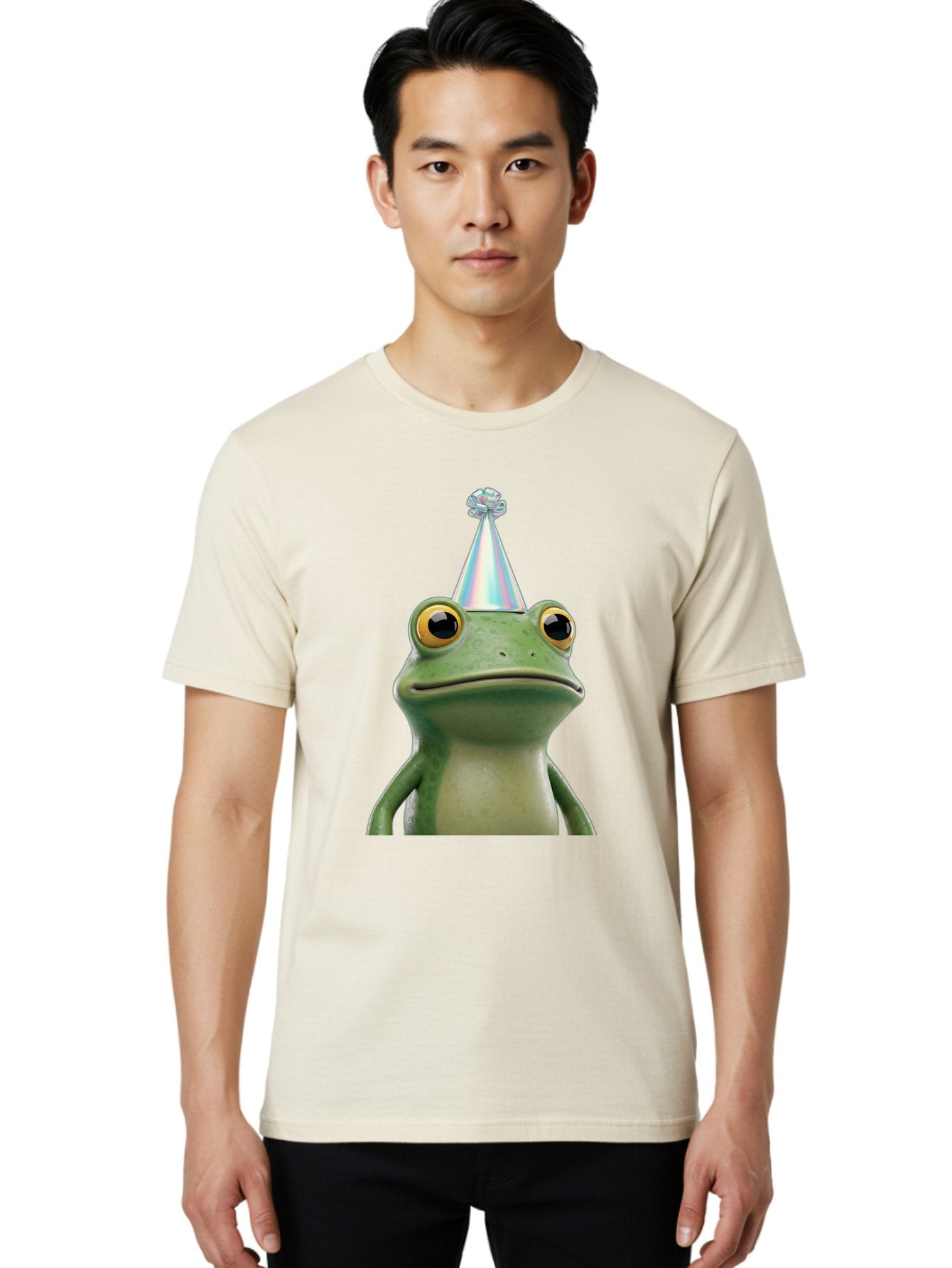 Frog-With-Party-Hat-2 Men'S Graphic Tee, 100% Cotton, Comfortable Casual Summer Wear, Machine Washable, 3D Cartoon Frog, Party Hat, Celebration, Festive Atmosphere, Funny Animal, Party Accessories, Shiny Hat, Comical Expression, Bab930 24