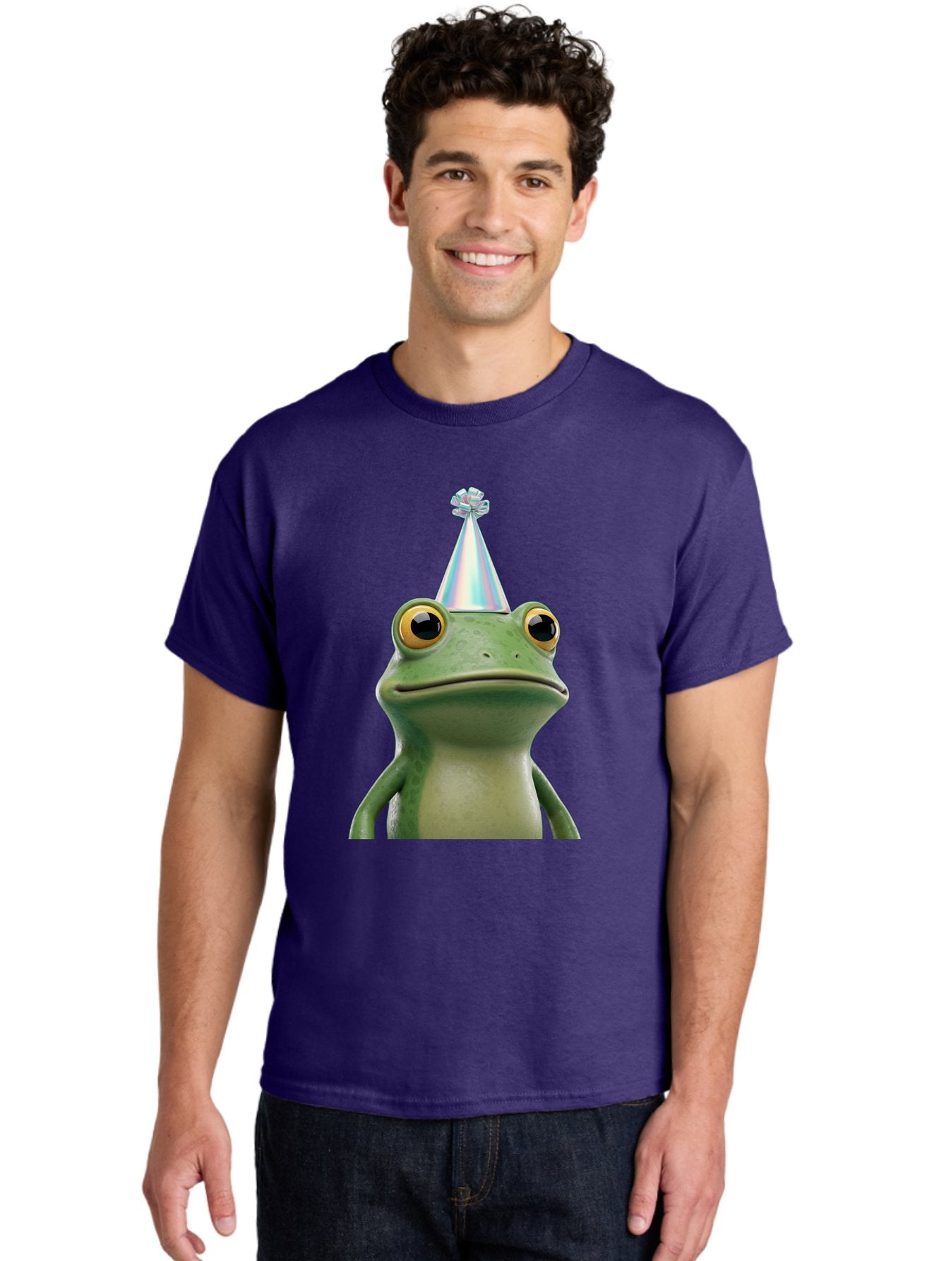 Frog-With-Party-Hat-2 Men'S Graphic Tee, 100% Cotton, Comfortable Casual Summer Wear, Machine Washable, 3D Cartoon Frog, Party Hat, Celebration, Festive Atmosphere, Funny Animal, Party Accessories, Shiny Hat, Comical Expression, Bab930 25