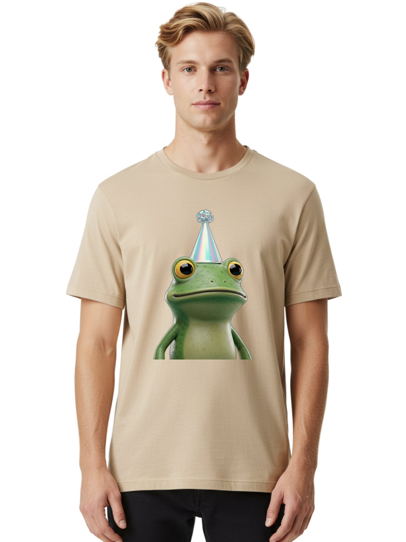 Frog-With-Party-Hat-2 Men'S Graphic Tee, 100% Cotton, Comfortable Casual Summer Wear, Machine Washable, 3D Cartoon Frog, Party Hat, Celebration, Festive Atmosphere, Funny Animal, Party Accessories, Shiny Hat, Comical Expression, Bab930 22