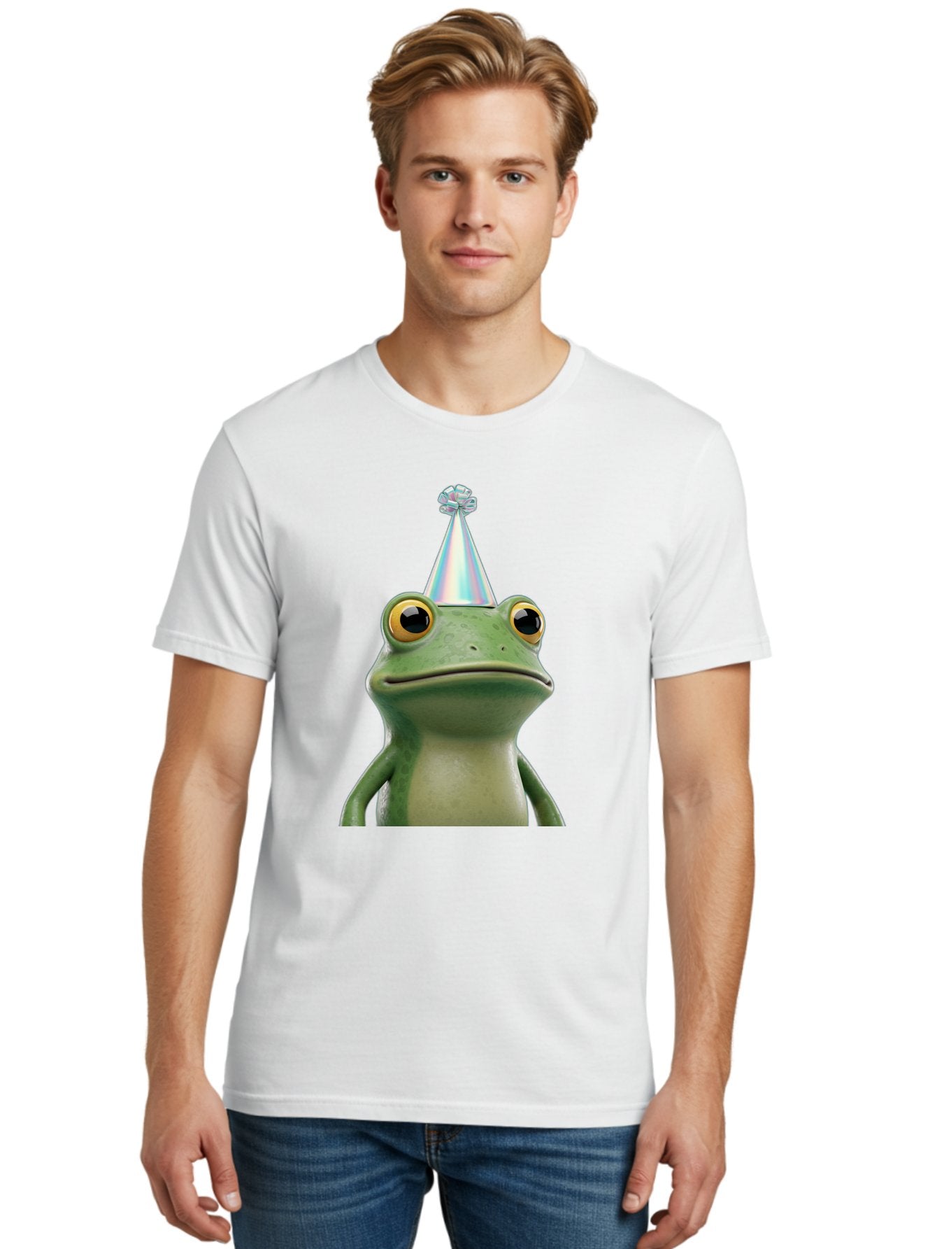 Frog-With-Party-Hat-2 Men'S Graphic Tee, 100% Cotton, Comfortable Casual Summer Wear, Machine Washable, 3D Cartoon Frog, Party Hat, Celebration, Festive Atmosphere, Funny Animal, Party Accessories, Shiny Hat, Comical Expression, Bab930 21