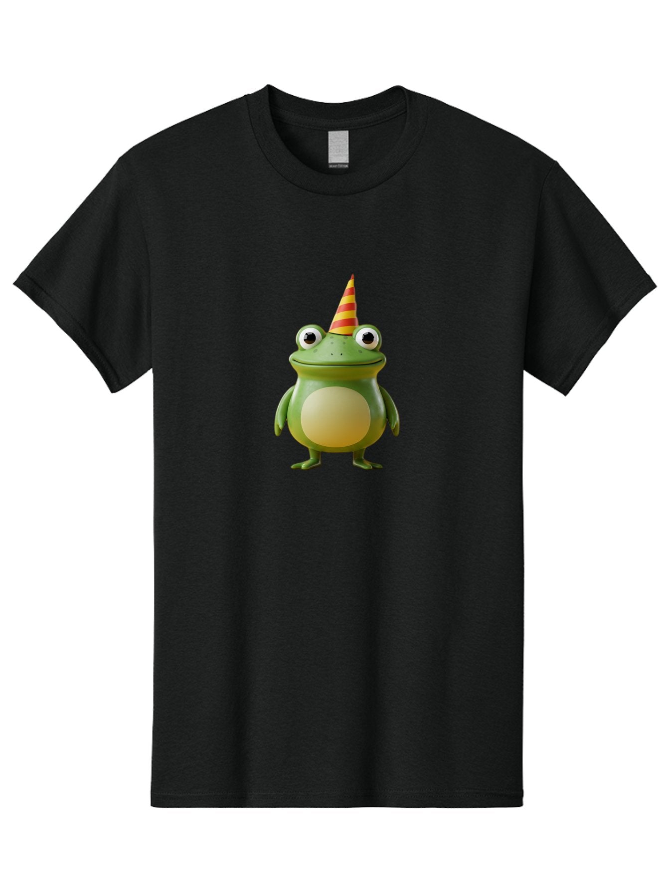 Frog-With-Party-Hat Men'S Graphic Tee, 100% Cotton, Comfortable Casual Summer Wear, Machine Washable, Cartoon Frog, Party Hat, Red And Yellow Stripes, Green Frog, Funny Character, Whimsical Design, Playful Illustration, Cute Animal, Bab932