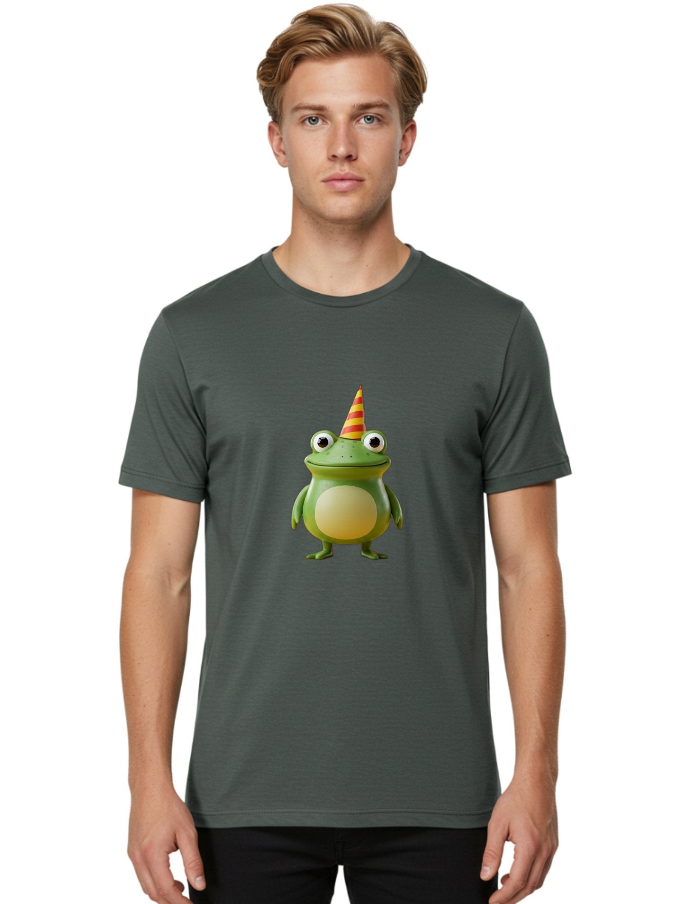 Frog-With-Party-Hat Men'S Graphic Tee, 100% Cotton, Comfortable Casual Summer Wear, Machine Washable, Cartoon Frog, Party Hat, Red And Yellow Stripes, Green Frog, Funny Character, Whimsical Design, Playful Illustration, Cute Animal, Bab932 25
