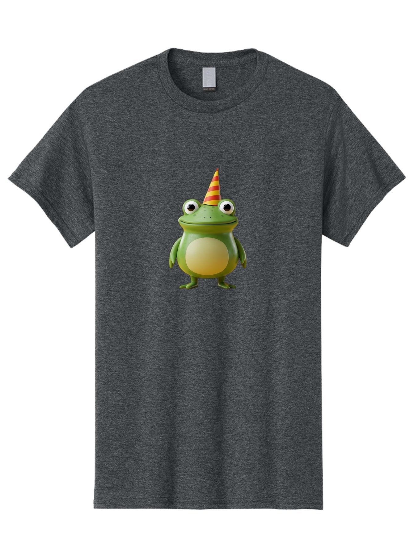 Frog-With-Party-Hat Men'S Graphic Tee, 100% Cotton, Comfortable Casual Summer Wear, Machine Washable, Cartoon Frog, Party Hat, Red And Yellow Stripes, Green Frog, Funny Character, Whimsical Design, Playful Illustration, Cute Animal, Bab932