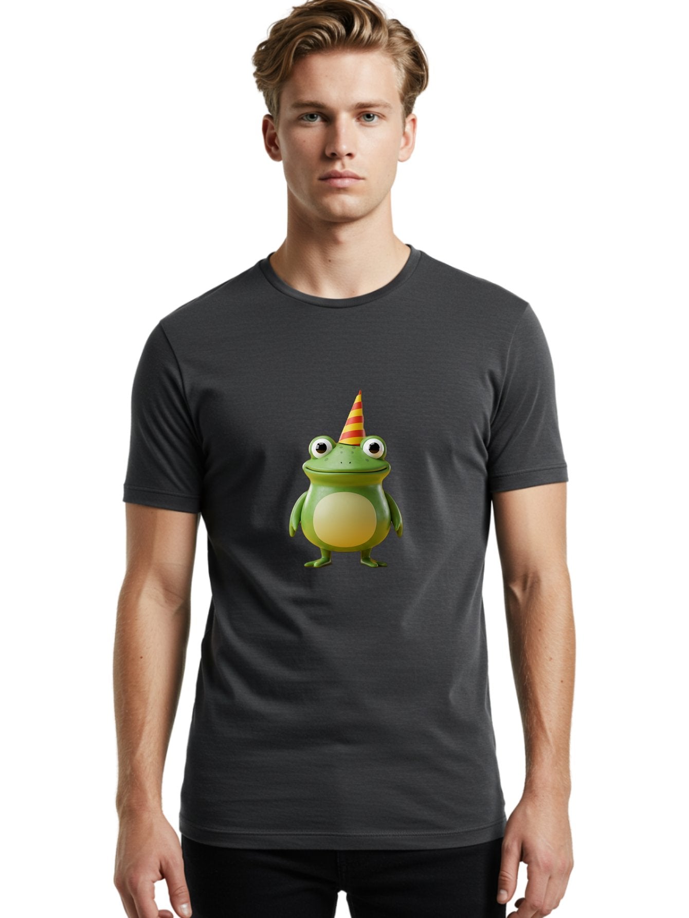 Frog-With-Party-Hat Men'S Graphic Tee, 100% Cotton, Comfortable Casual Summer Wear, Machine Washable, Cartoon Frog, Party Hat, Red And Yellow Stripes, Green Frog, Funny Character, Whimsical Design, Playful Illustration, Cute Animal, Bab932 19