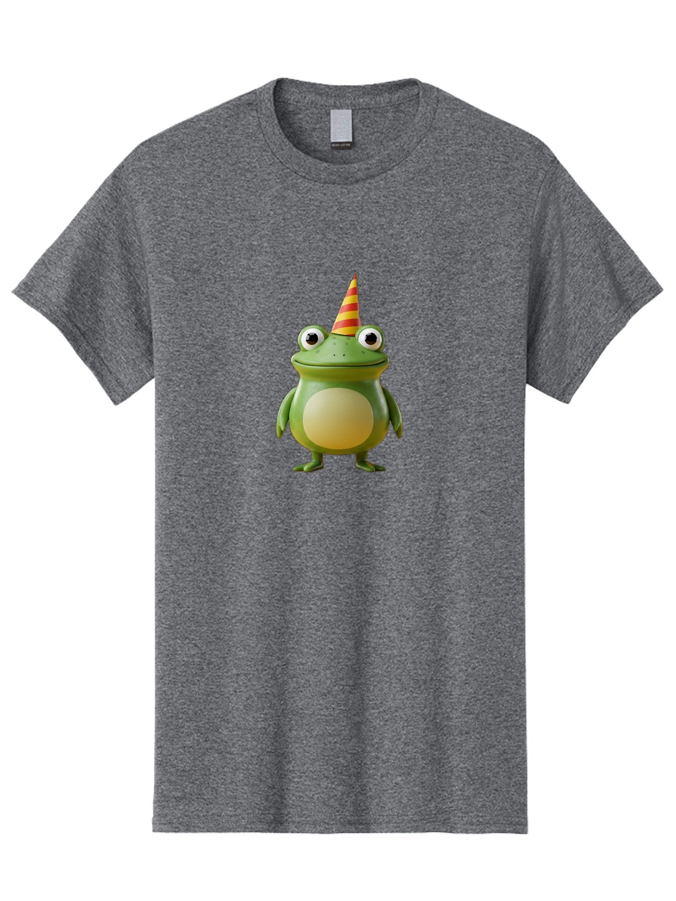 Frog-With-Party-Hat Men'S Graphic Tee, 100% Cotton, Comfortable Casual Summer Wear, Machine Washable, Cartoon Frog, Party Hat, Red And Yellow Stripes, Green Frog, Funny Character, Whimsical Design, Playful Illustration, Cute Animal, Bab932 15