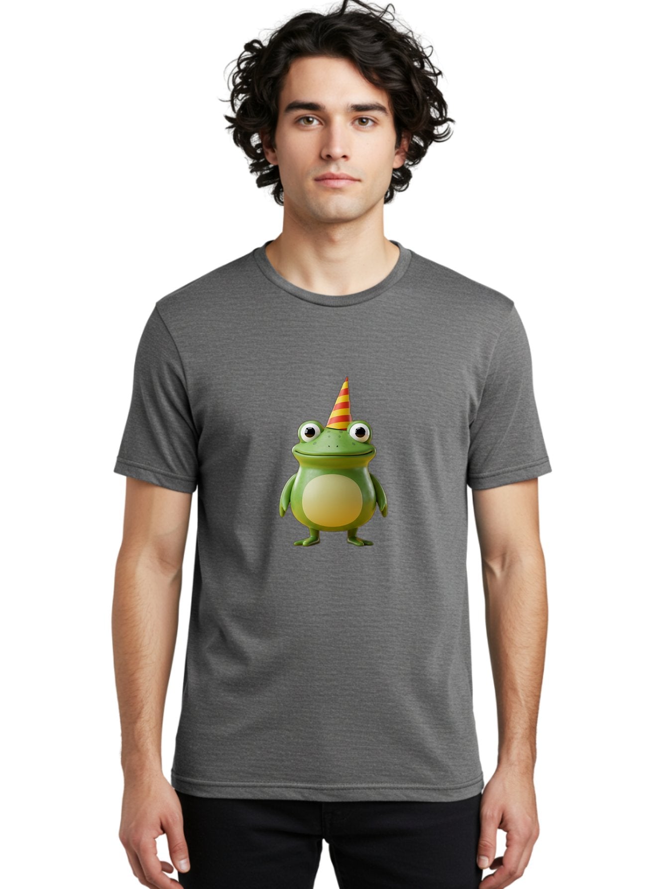 Frog-With-Party-Hat Men'S Graphic Tee, 100% Cotton, Comfortable Casual Summer Wear, Machine Washable, Cartoon Frog, Party Hat, Red And Yellow Stripes, Green Frog, Funny Character, Whimsical Design, Playful Illustration, Cute Animal, Bab932 30