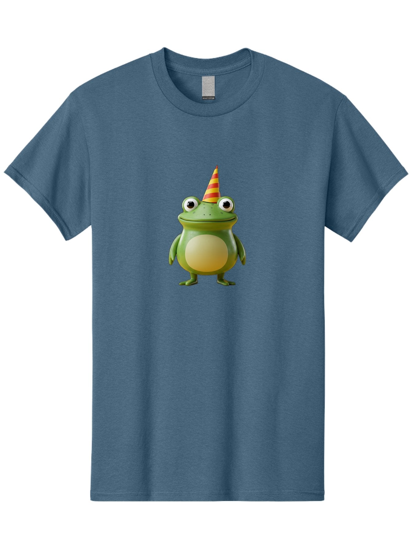 Frog-With-Party-Hat Men'S Graphic Tee, 100% Cotton, Comfortable Casual Summer Wear, Machine Washable, Cartoon Frog, Party Hat, Red And Yellow Stripes, Green Frog, Funny Character, Whimsical Design, Playful Illustration, Cute Animal, Bab932 6