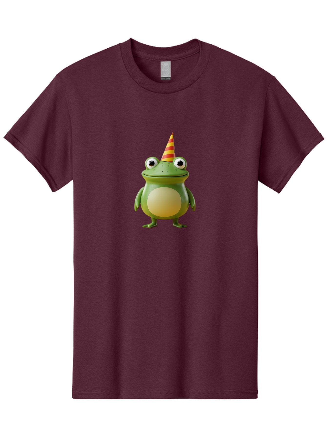 Frog-With-Party-Hat Men'S Graphic Tee, 100% Cotton, Comfortable Casual Summer Wear, Machine Washable, Cartoon Frog, Party Hat, Red And Yellow Stripes, Green Frog, Funny Character, Whimsical Design, Playful Illustration, Cute Animal, Bab932 13