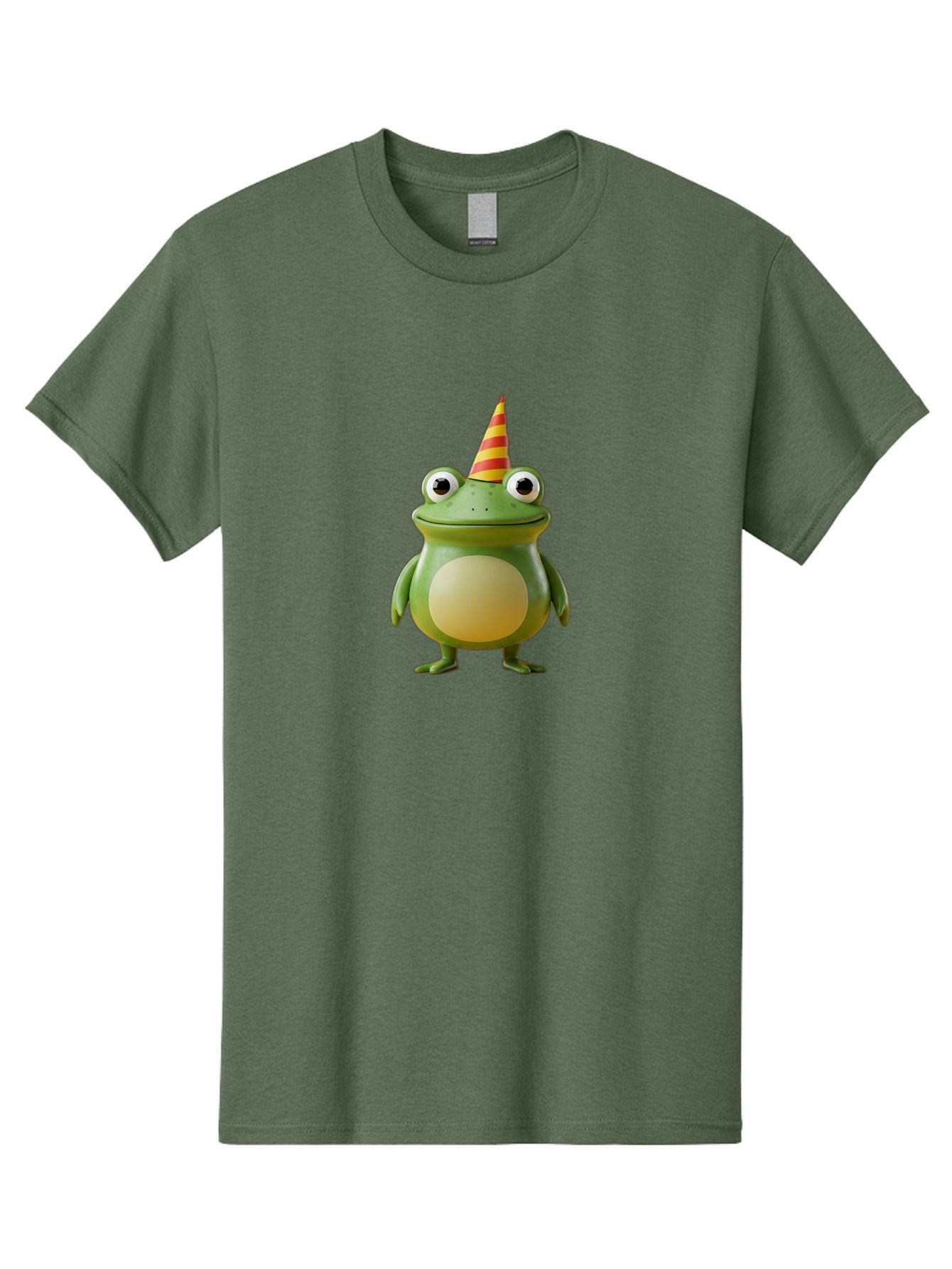 Frog-With-Party-Hat Men'S Graphic Tee, 100% Cotton, Comfortable Casual Summer Wear, Machine Washable, Cartoon Frog, Party Hat, Red And Yellow Stripes, Green Frog, Funny Character, Whimsical Design, Playful Illustration, Cute Animal, Bab932 11