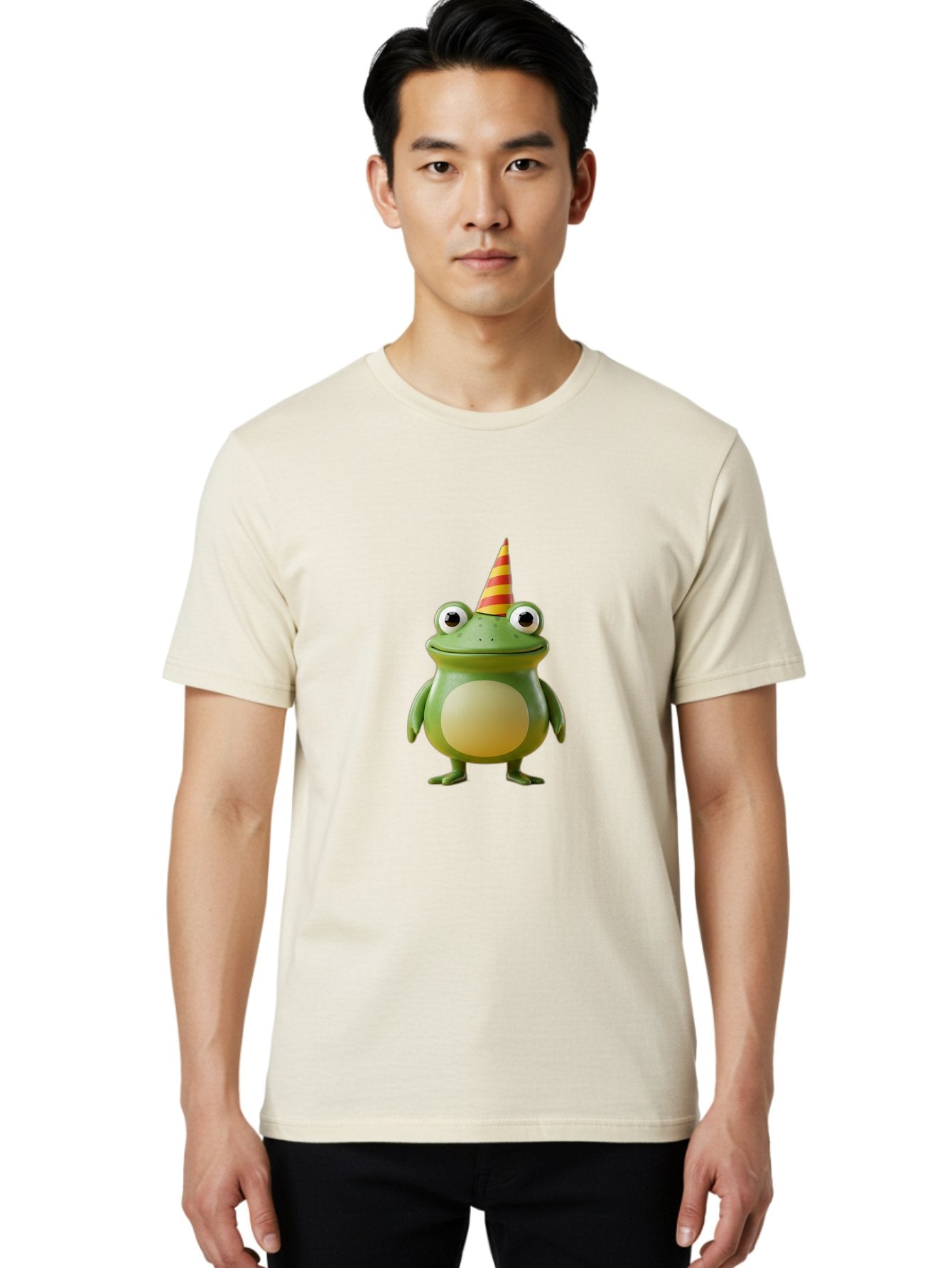 Frog-With-Party-Hat Men'S Graphic Tee, 100% Cotton, Comfortable Casual Summer Wear, Machine Washable, Cartoon Frog, Party Hat, Red And Yellow Stripes, Green Frog, Funny Character, Whimsical Design, Playful Illustration, Cute Animal, Bab932 16