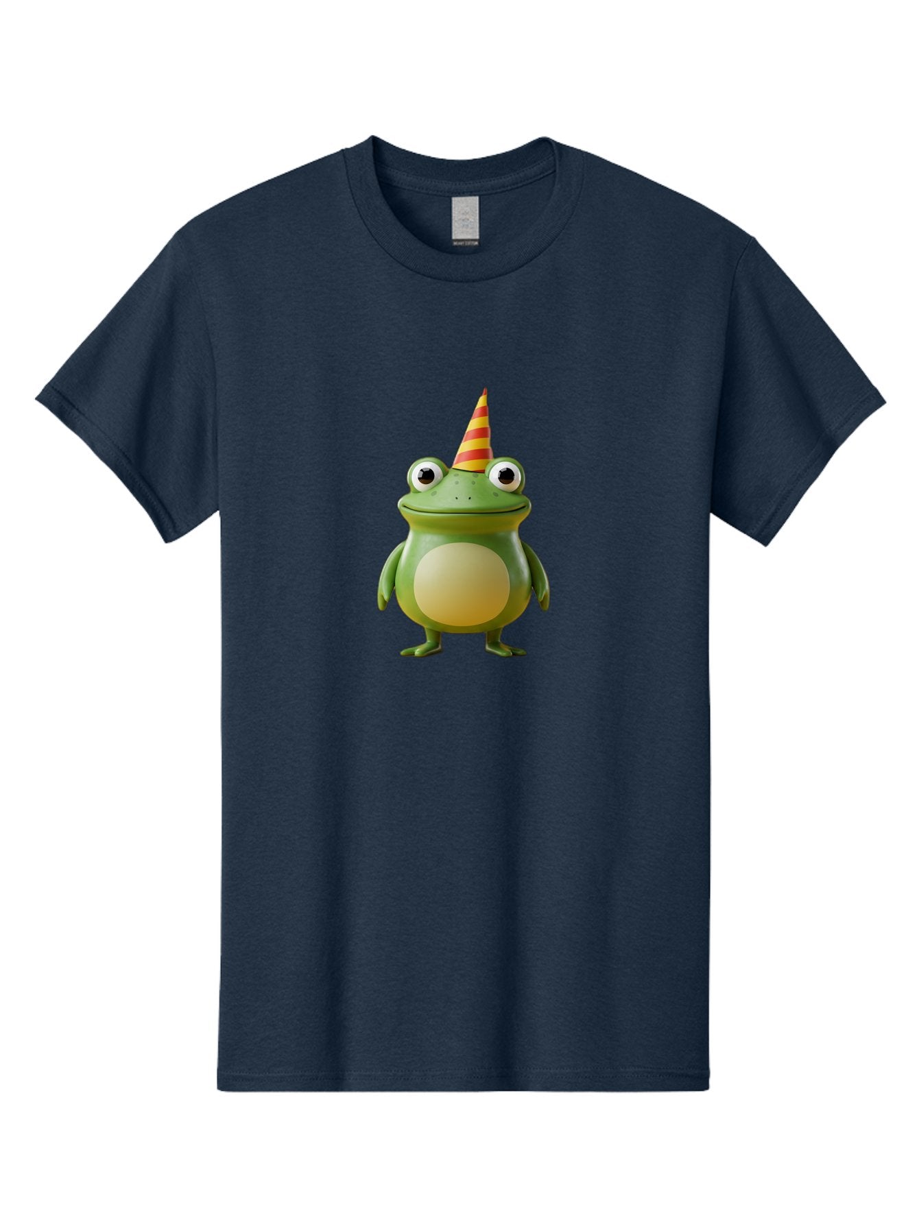 Frog-With-Party-Hat Men'S Graphic Tee, 100% Cotton, Comfortable Casual Summer Wear, Machine Washable, Cartoon Frog, Party Hat, Red And Yellow Stripes, Green Frog, Funny Character, Whimsical Design, Playful Illustration, Cute Animal, Bab932 5