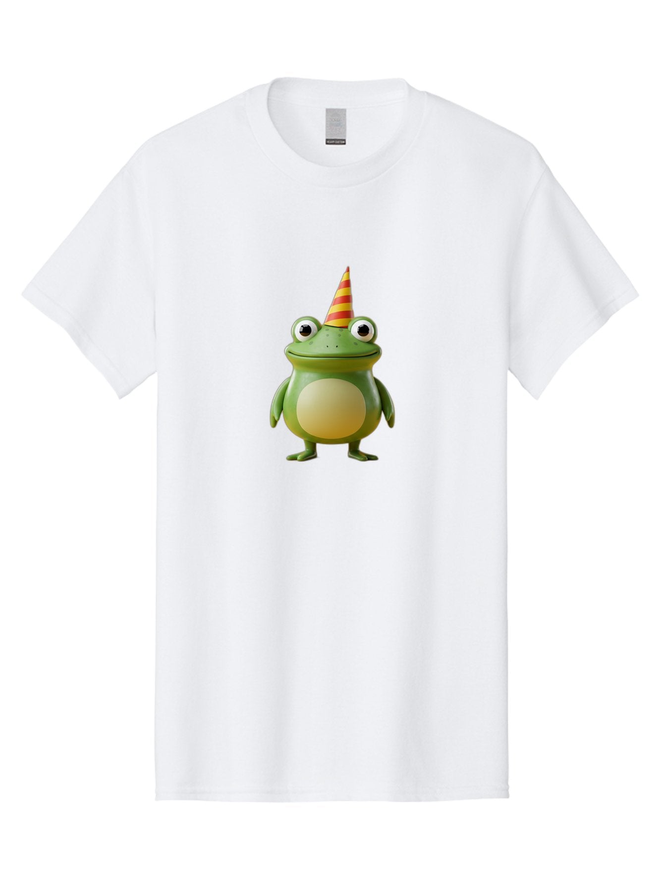 Frog-With-Party-Hat Men'S Graphic Tee, 100% Cotton, Comfortable Casual Summer Wear, Machine Washable, Cartoon Frog, Party Hat, Red And Yellow Stripes, Green Frog, Funny Character, Whimsical Design, Playful Illustration, Cute Animal, Bab932 3