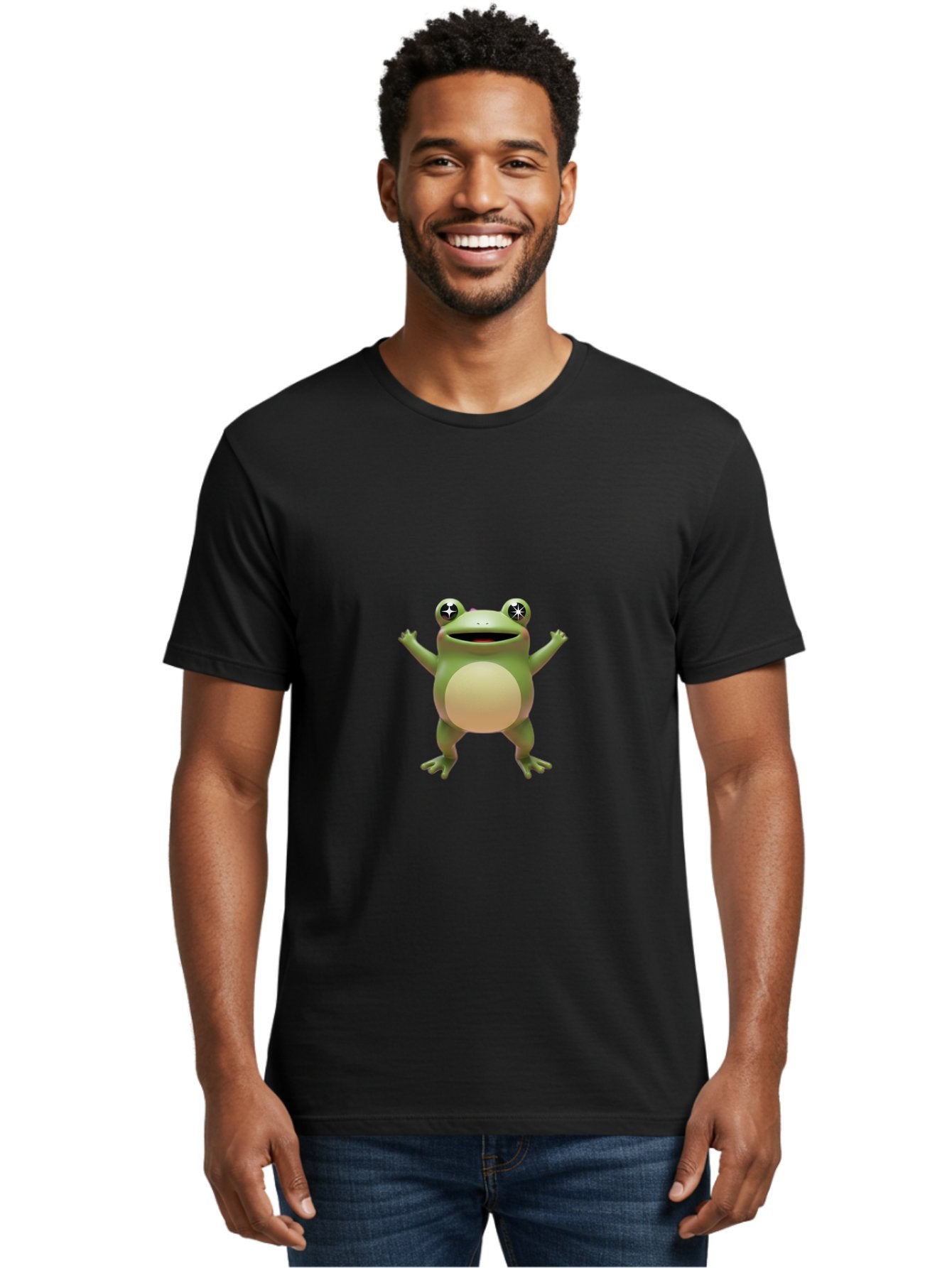 Frog-With-Star-Eyes Men'S Graphic Tee, 100% Cotton, Comfortable Casual Summer Wear, Machine Washable, Cartoon Frog, Green Amphibian, Animated Character, Star Eyes, Happy Expression, Rounded Body, 3D Illustration, Digital Art, Fun Design, Bab933 20