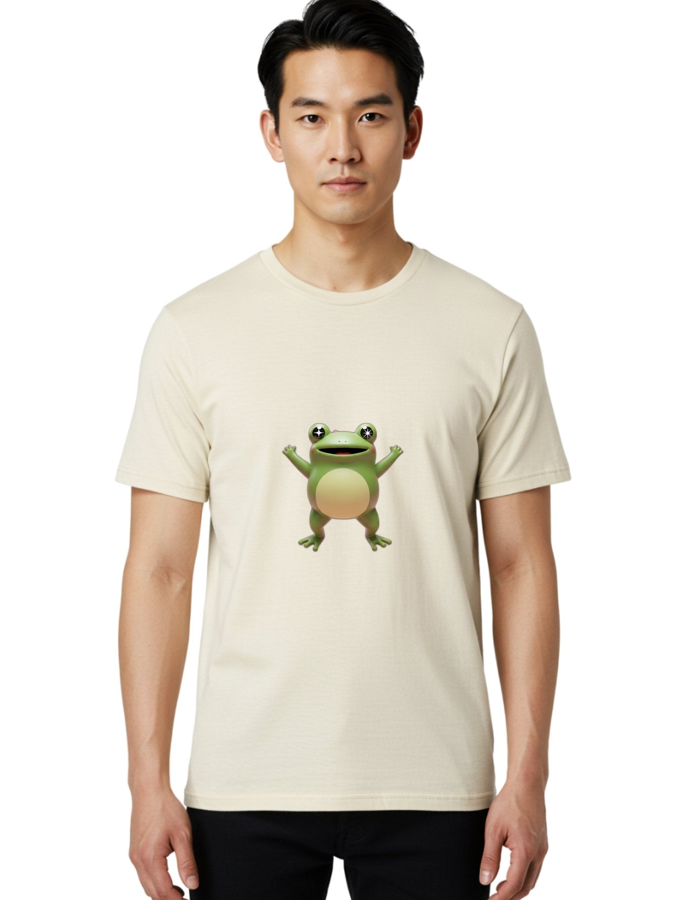 Frog-With-Star-Eyes Men'S Graphic Tee, 100% Cotton, Comfortable Casual Summer Wear, Machine Washable, Cartoon Frog, Green Amphibian, Animated Character, Star Eyes, Happy Expression, Rounded Body, 3D Illustration, Digital Art, Fun Design, Bab933 23