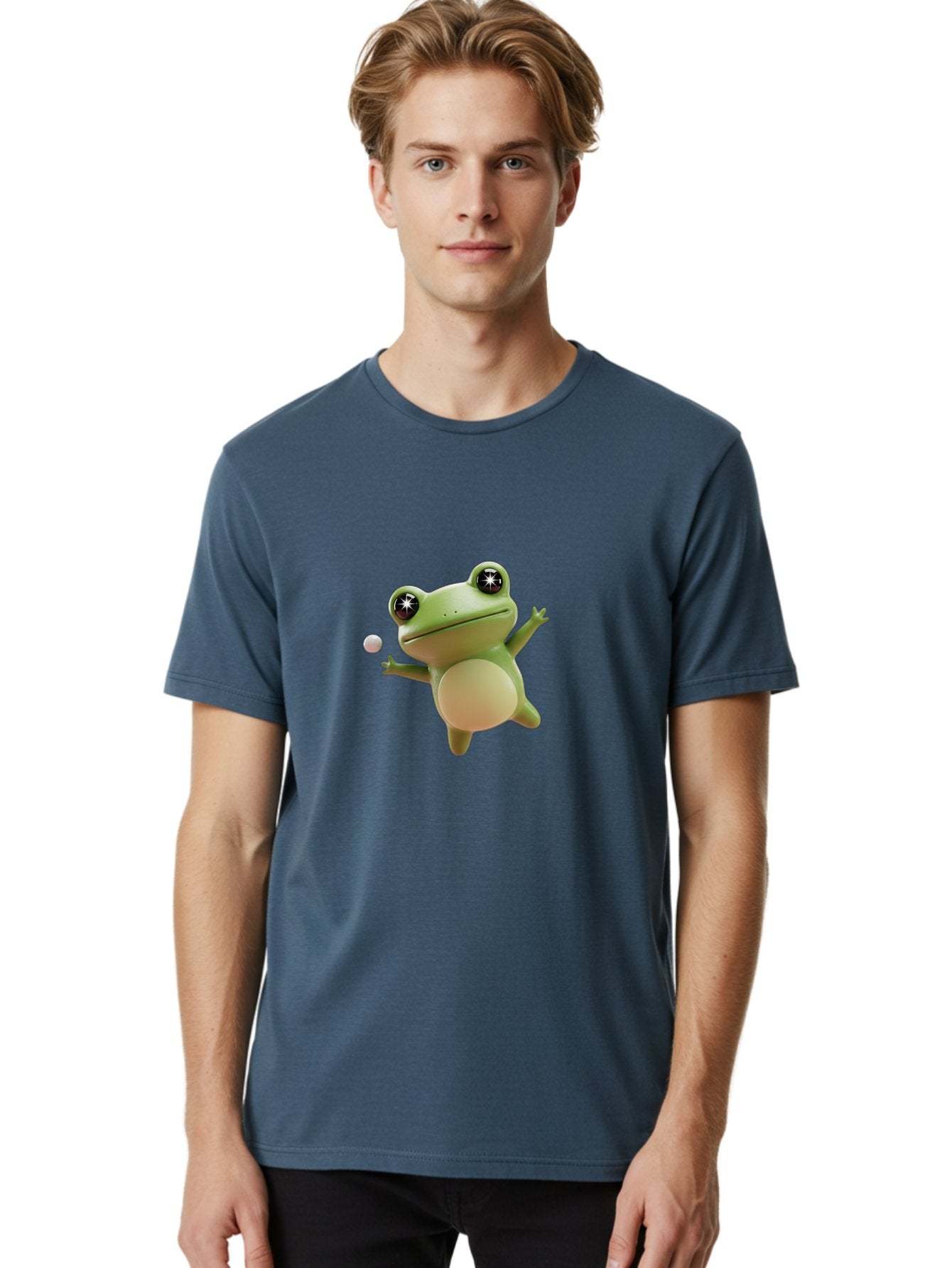 Frog Men'S Graphic Tee, 100% Cotton, Comfortable Casual Summer Wear, Machine Washable, Cartoon Frog, Playing With A Ball, Playful Frog, 3D Character, Animated Character, Funny Animal, Amusing Illustration, Frolicking Frog, Whimsical Creature Bab934 23