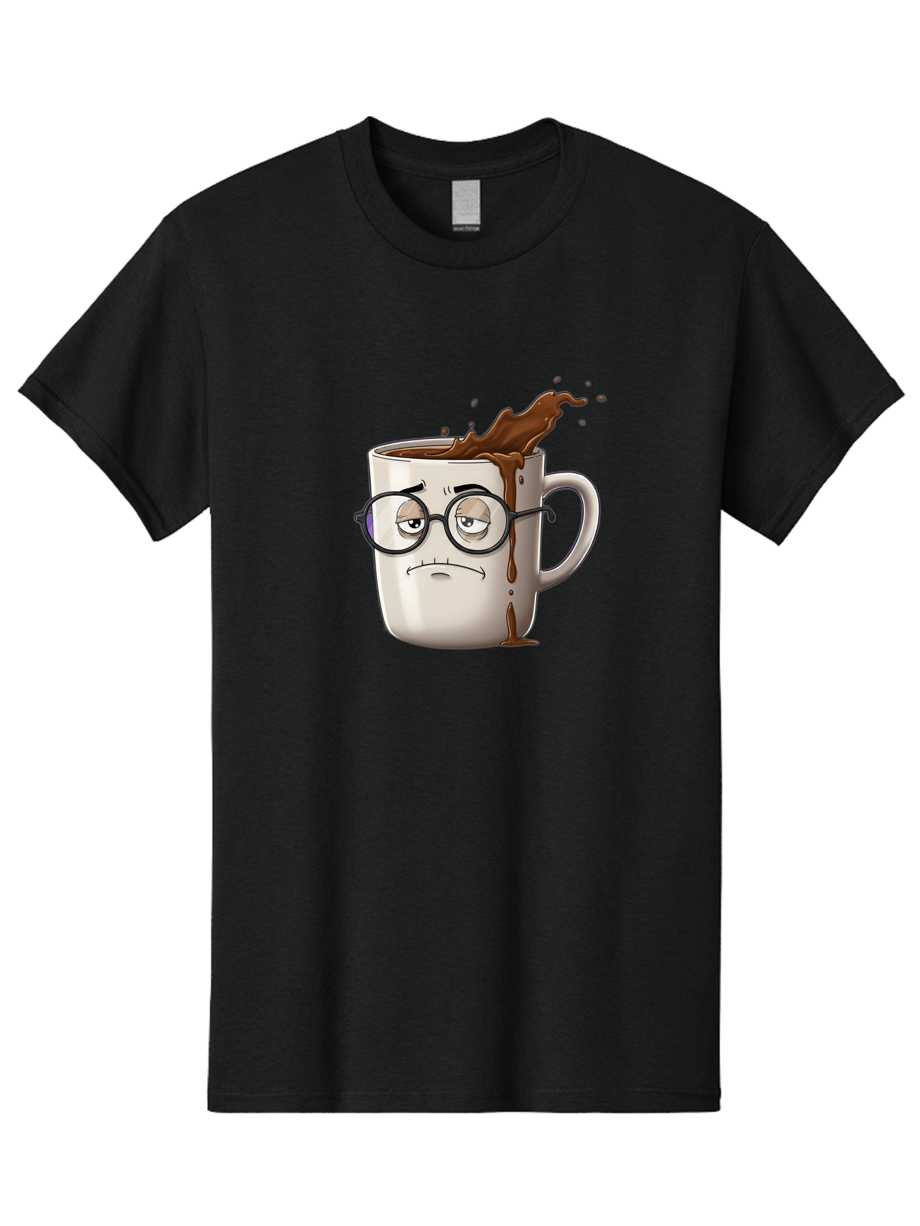 Frowning-Coffee-Mug Men'S Graphic Tee, 100% Cotton, Comfortable Casual Summer Wear, Machine Washable, Unhappy Coffee Cup, Messy Spill, Brown Liquid Splashing, Coffee Stains, Sad Face, Glasses On Mug, Comical Character, Coffee Lover Bab935 8