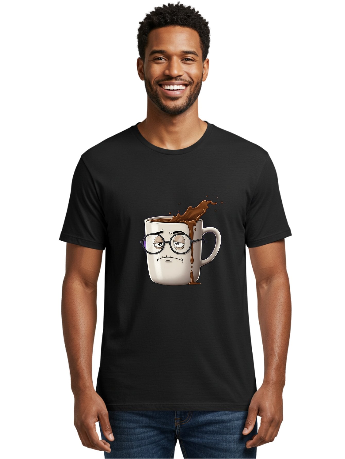 Frowning-Coffee-Mug Men'S Graphic Tee, 100% Cotton, Comfortable Casual Summer Wear, Machine Washable, Unhappy Coffee Cup, Messy Spill, Brown Liquid Splashing, Coffee Stains, Sad Face, Glasses On Mug, Comical Character, Coffee Lover Bab935 23