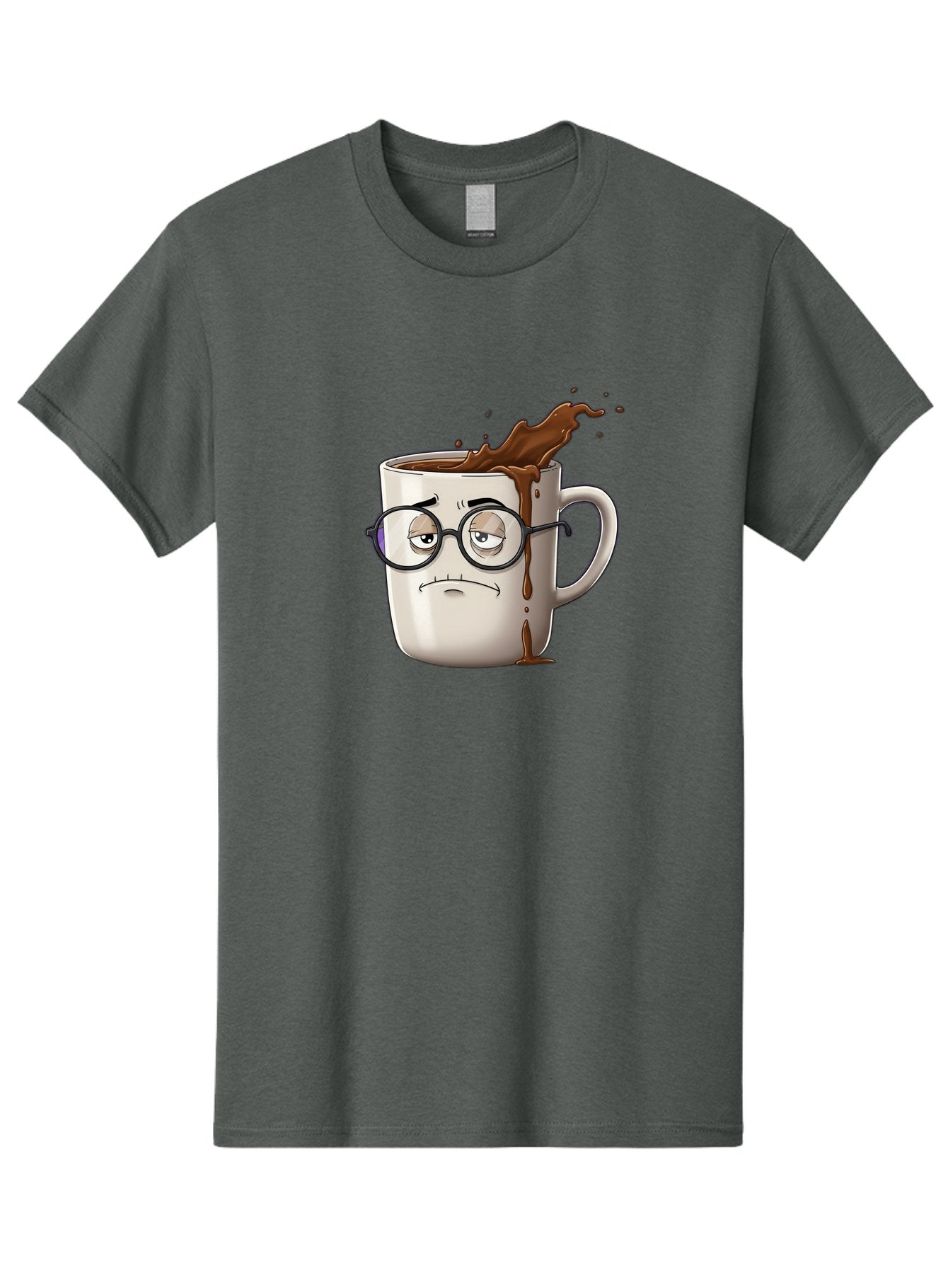 Frowning-Coffee-Mug Men'S Graphic Tee, 100% Cotton, Comfortable Casual Summer Wear, Machine Washable, Unhappy Coffee Cup, Messy Spill, Brown Liquid Splashing, Coffee Stains, Sad Face, Glasses On Mug, Comical Character, Coffee Lover Bab935 3