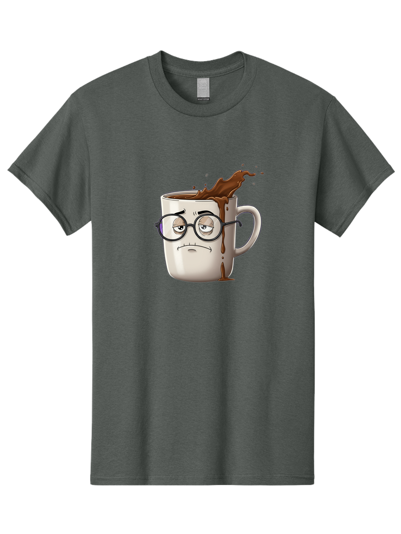 Frowning-Coffee-Mug Men'S Graphic Tee, 100% Cotton, Comfortable Casual Summer Wear, Machine Washable, Unhappy Coffee Cup, Messy Spill, Brown Liquid Splashing, Coffee Stains, Sad Face, Glasses On Mug, Comical Character, Coffee Lover Bab935 9
